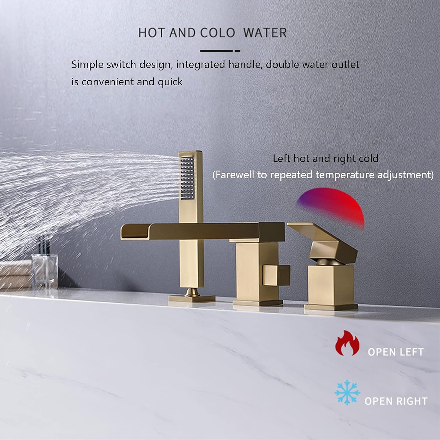 Split Bathtub Faucet, Waterfall Outlet Basin Faucet, Three-Piece Hot and Cold Water Mixer Tap, All Copper Tub Side Faucet Bathroom Shower Set,Brushed Gold (Color : Matte Black)