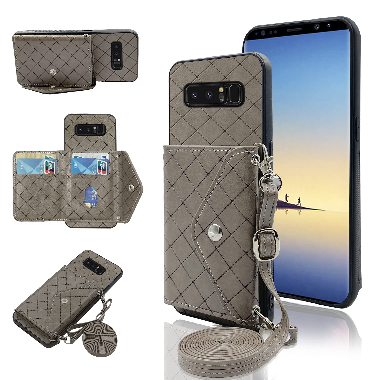 Compatible with Samsung Galaxy Note 8 Wallet Case with Crossbody Shoulder Strap and Stand Leather Credit Card Holder Cell Accessories Phone Cover for