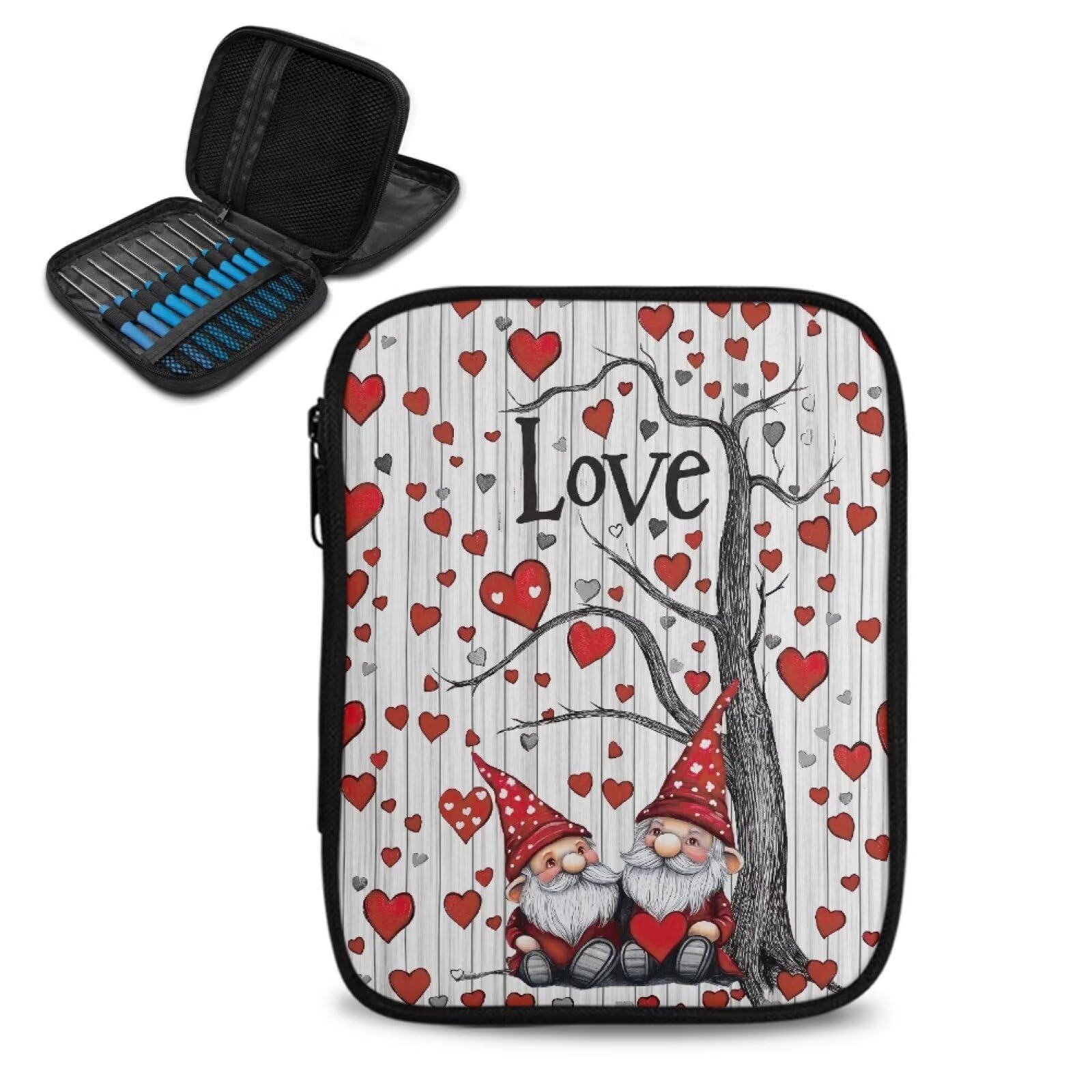 Vanideaoty Love Heart Crochet Hook Case Portable Gnome Crochet Hook Organizer with Web Pockets for Knitting Needles Crochet Supplies Valentine's Day Gifts Holiday