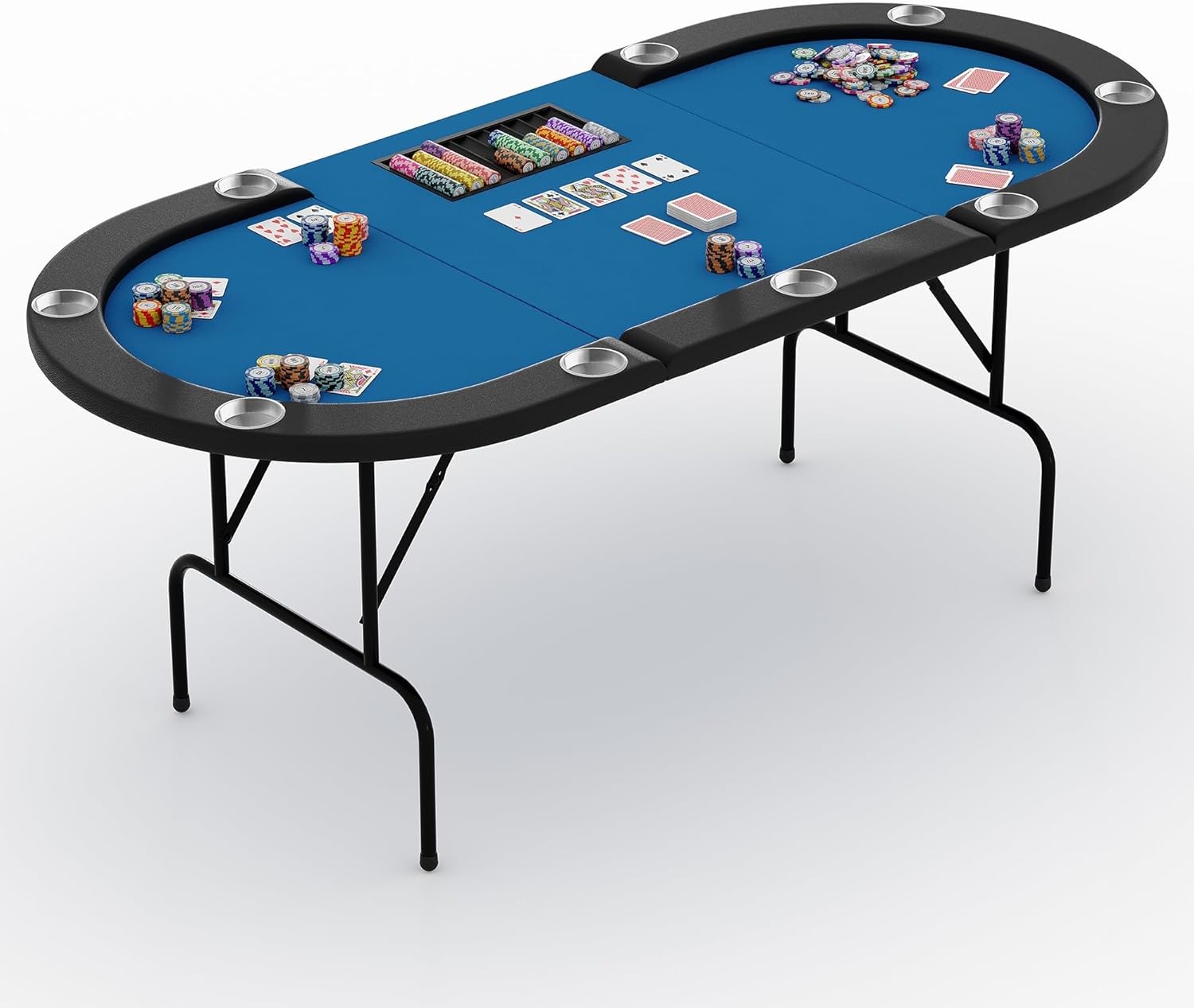 GlowSol 9 Player Foldable Poker Table, Card Board Game Table with Stainless Steel Cup Holders, Casino Grade Felt, Portable Oval Texas Holdem Blackjack Poker Tables