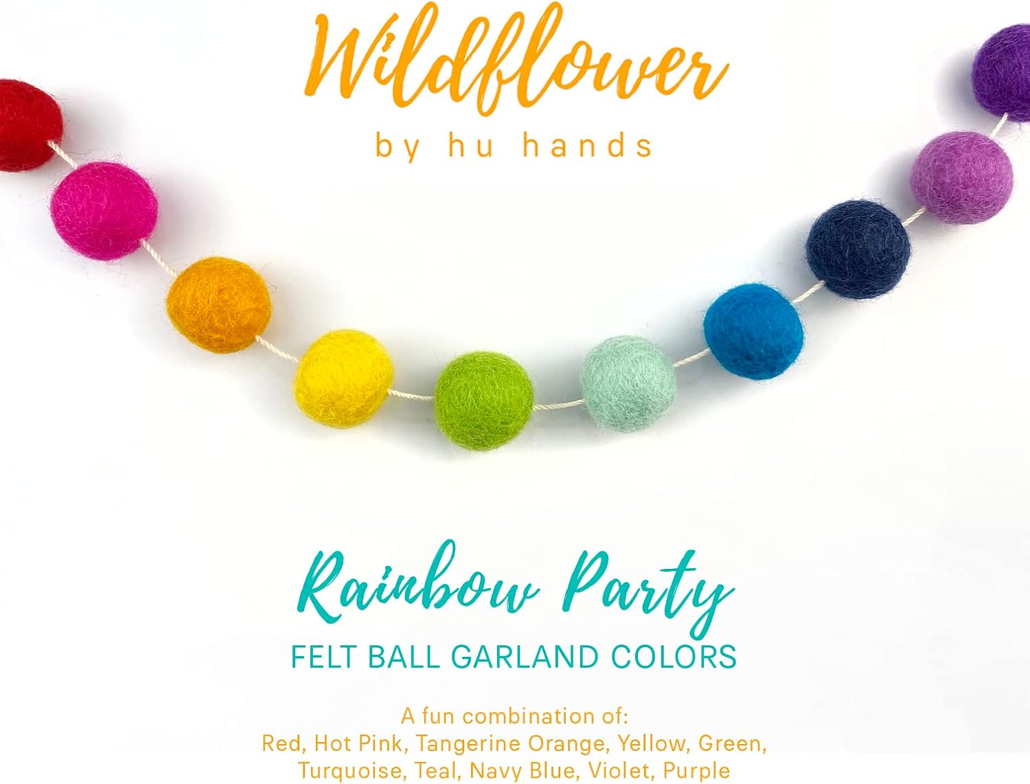 Garland for Wildflower by Hu Hands Rainbow Party - 100% Handmade Wool Felt Pom Poms - (50) Pure New Zealand Wool Felt Balls - DIY Pompoms - 0.8-1.0" Size - Drawstring Muslin Bag image 4