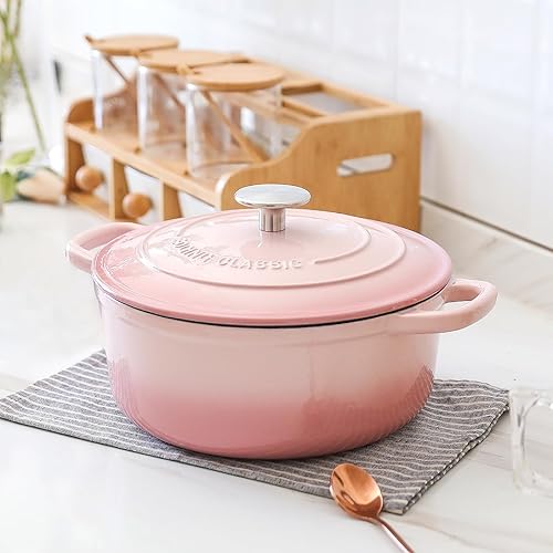 Miniatura 6 de Horno holandés cubierto de hierro fundido esmaltado con tapa, olla redonda para hornear pan, 7 cuartos de galón, rosa