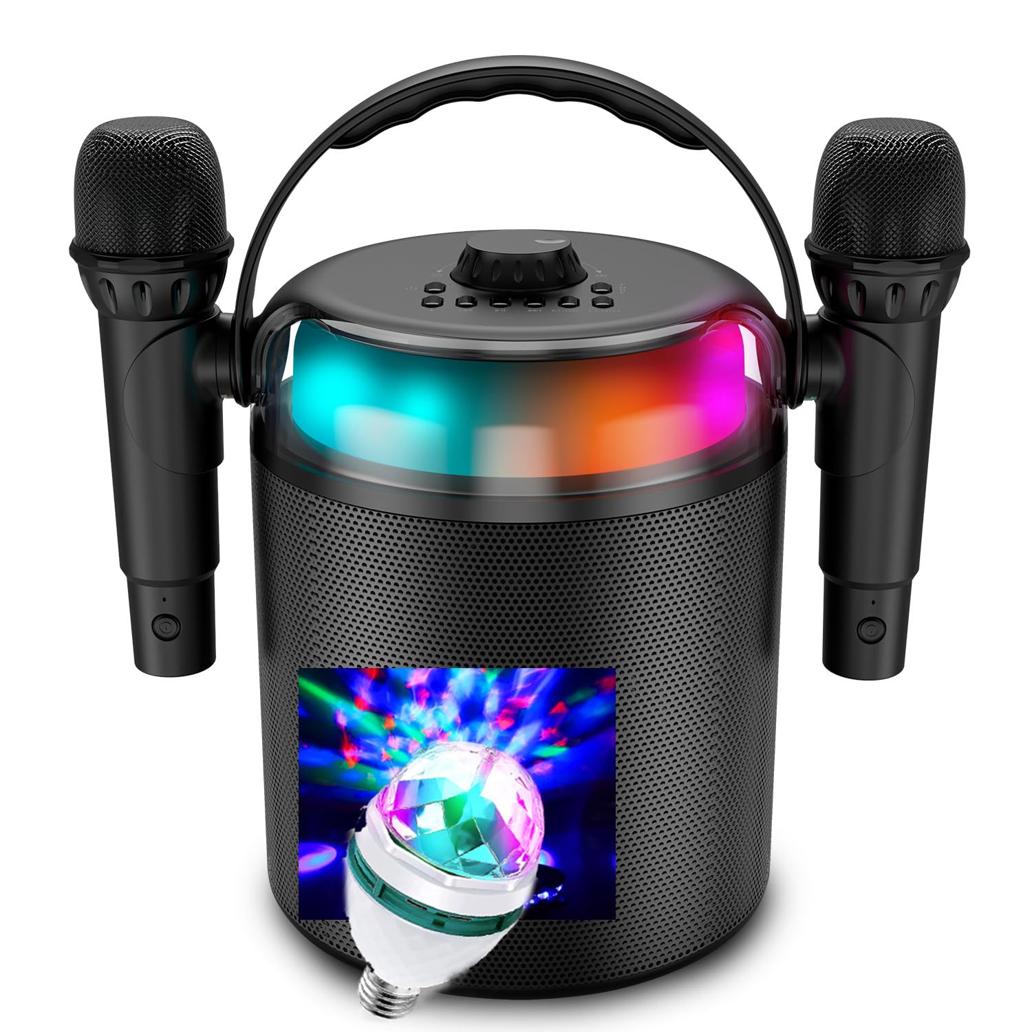 Système Karaoké sur Batterie 120W, LED, Bluetooth USB, 2 Micros sans Fil, Effets Vocaux, Compatible TV Connectée, Ampoule