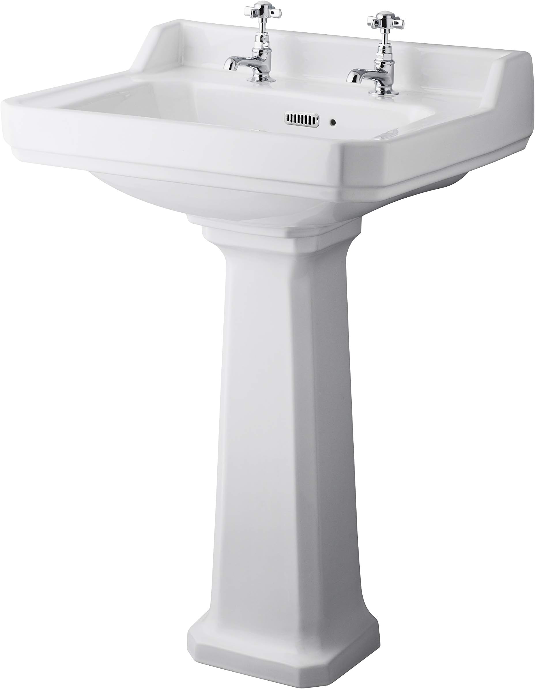 Old London CCR026 Richmond Traditional Bathroom 2 Tap Hole Basin Sink and Comfort Height Full Pedestal, 600mm, White