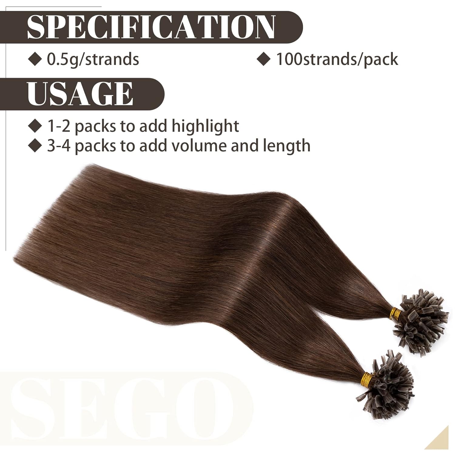 Pre Bonded U Tip Hair Extensions Human Hair 100 Strands Keratin Fushion Nail Tip Human Hair Extensions 100% Real Remy Hair Silky Straight #4 Medium Brown 14 Inch 100 Strands/Pack 50g