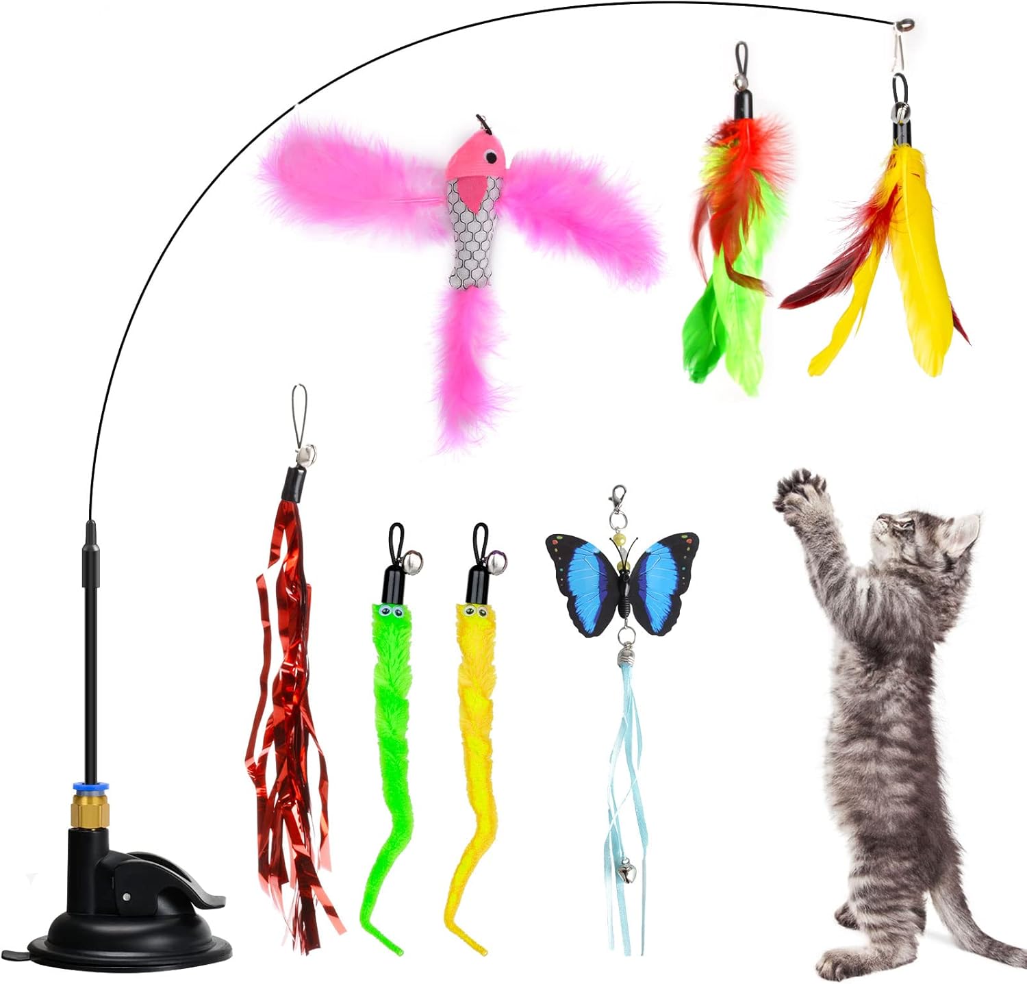 Qoosea 10 Piezas Juguetes para Gatos, Juguetes de Plumas para Gatos, Juguetes Interactivos para Gatos con 2 Varita Retráctil para Gatos, 7 Recambios y 1 Ventosa