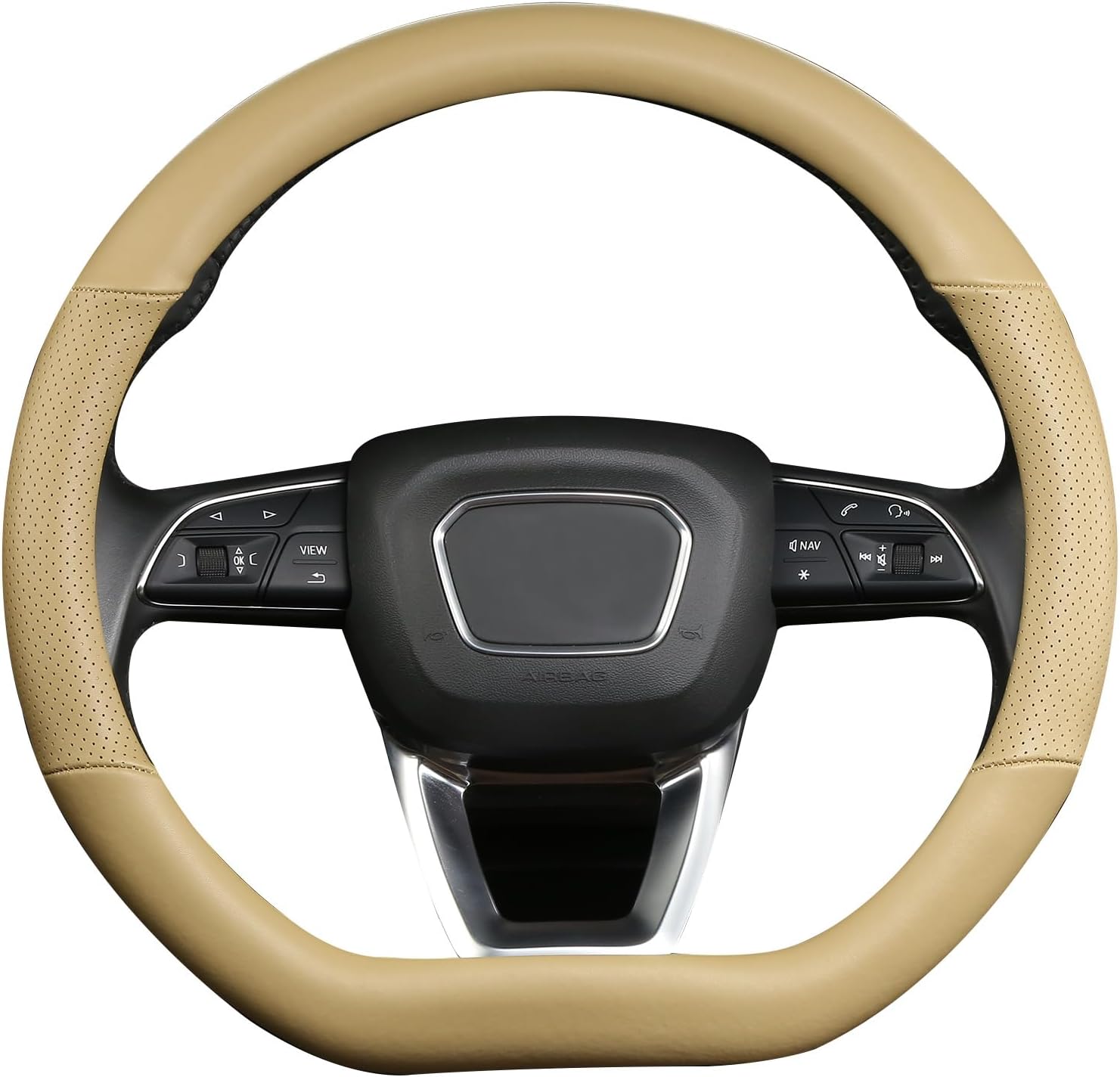 Cxtiy D Shaped Steering Wheel Cover, Genuine Leather Flat Bottom Stearing Wheel Cover Luxury Car Accessories 14 1/2-15 inch (Beige)