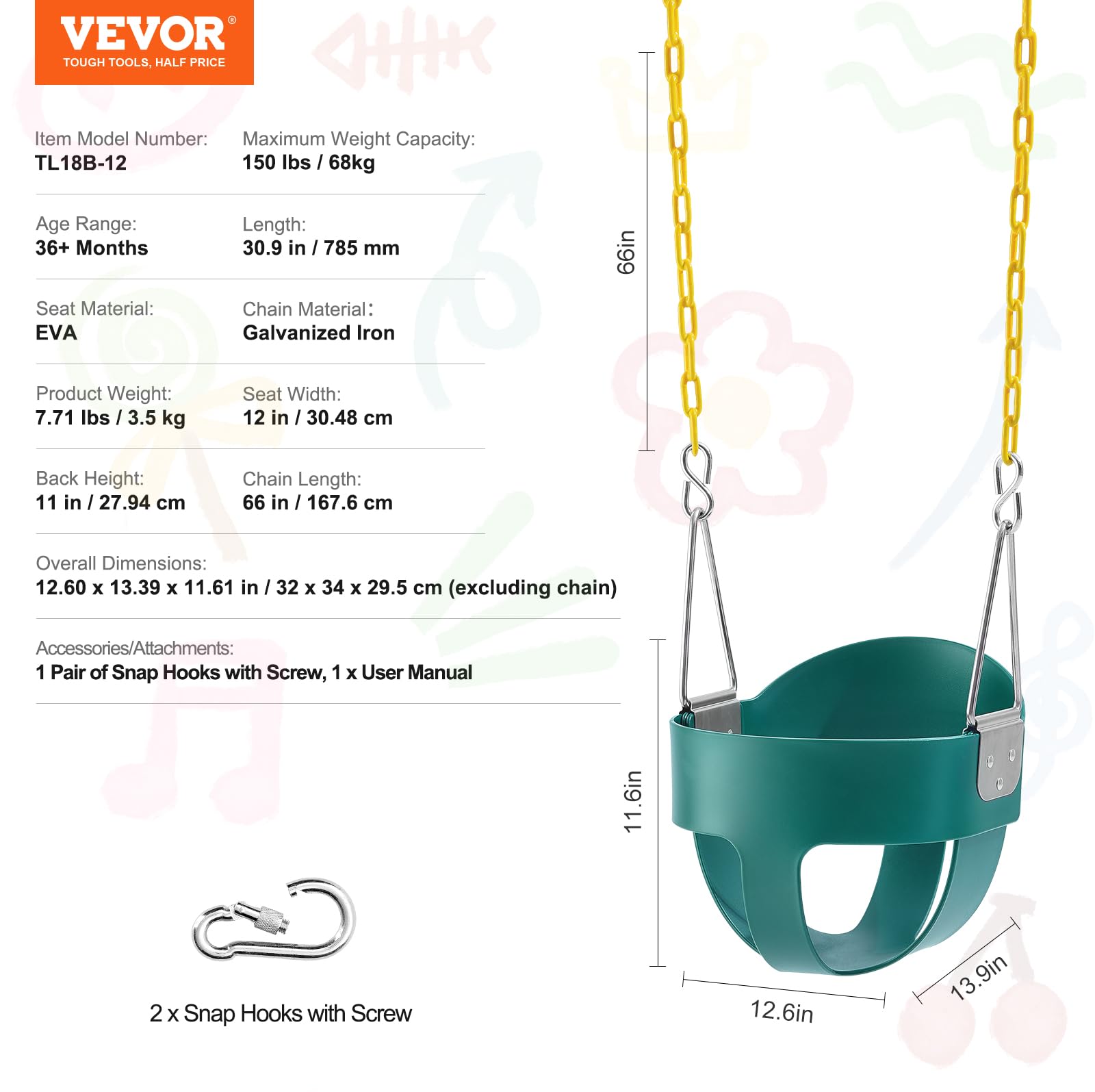 VEVOR Toddler Swing Seat, High Back Full Bucket Baby Swing Seat with Coated Chains and Carabiners, Support 150 lbs Baby Outdoor Swing, Fully Assembled Swing for Toddlers Age 3+, Indoor and Outdoor - Image 7