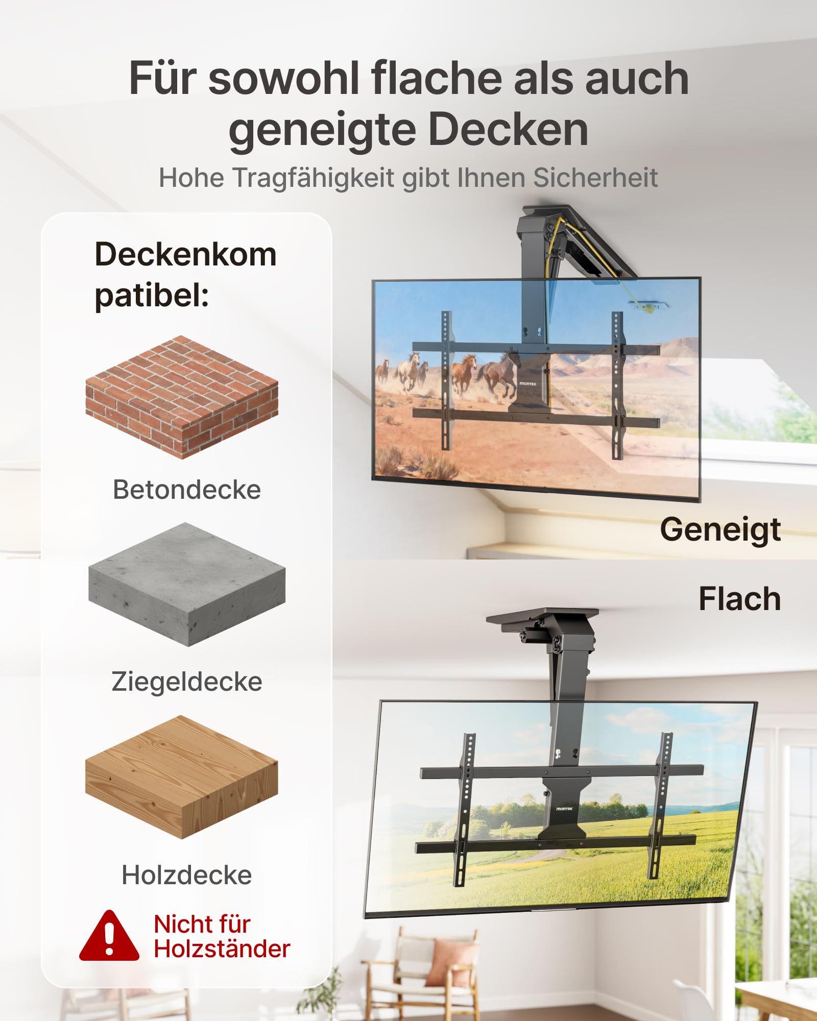 monTEK TV Deckenhalterung Elektrisch für 43-86 Zoll Fernseher, Elektrische TV Halterung Motorisiert Absenkbar für Flache & Geneigte Decken, Bis zu 45 kg Tragkraft, Fernbedienung/App/Sprachsteuerung