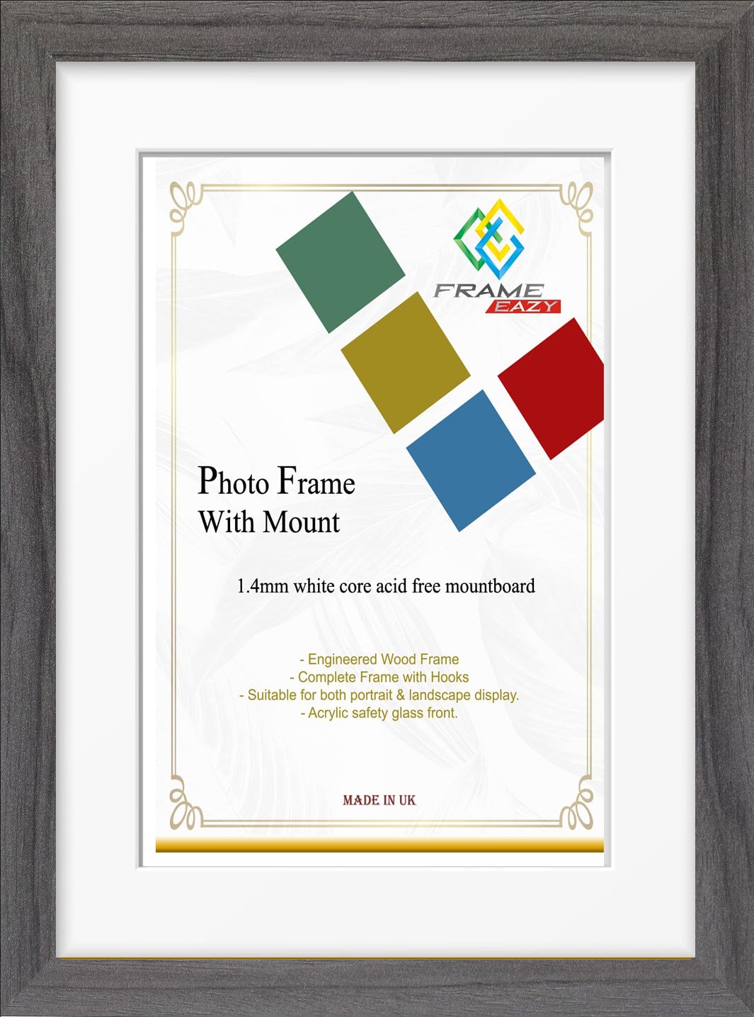 FRAME EAZY Modern Grey Photo Picture Frame Poster Certificate Frames with White Mount – 80x60 For 70x50 cm Picture