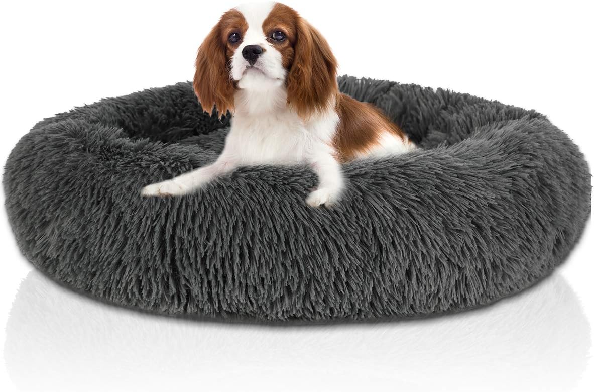 Calming Puppy Dog Beds for Small Dogs, Round Donut Washable Small Dog Bed Anti-Slip Faux Fur Fluffy Donut Cuddler Anxiety Pet Cat Bed,…