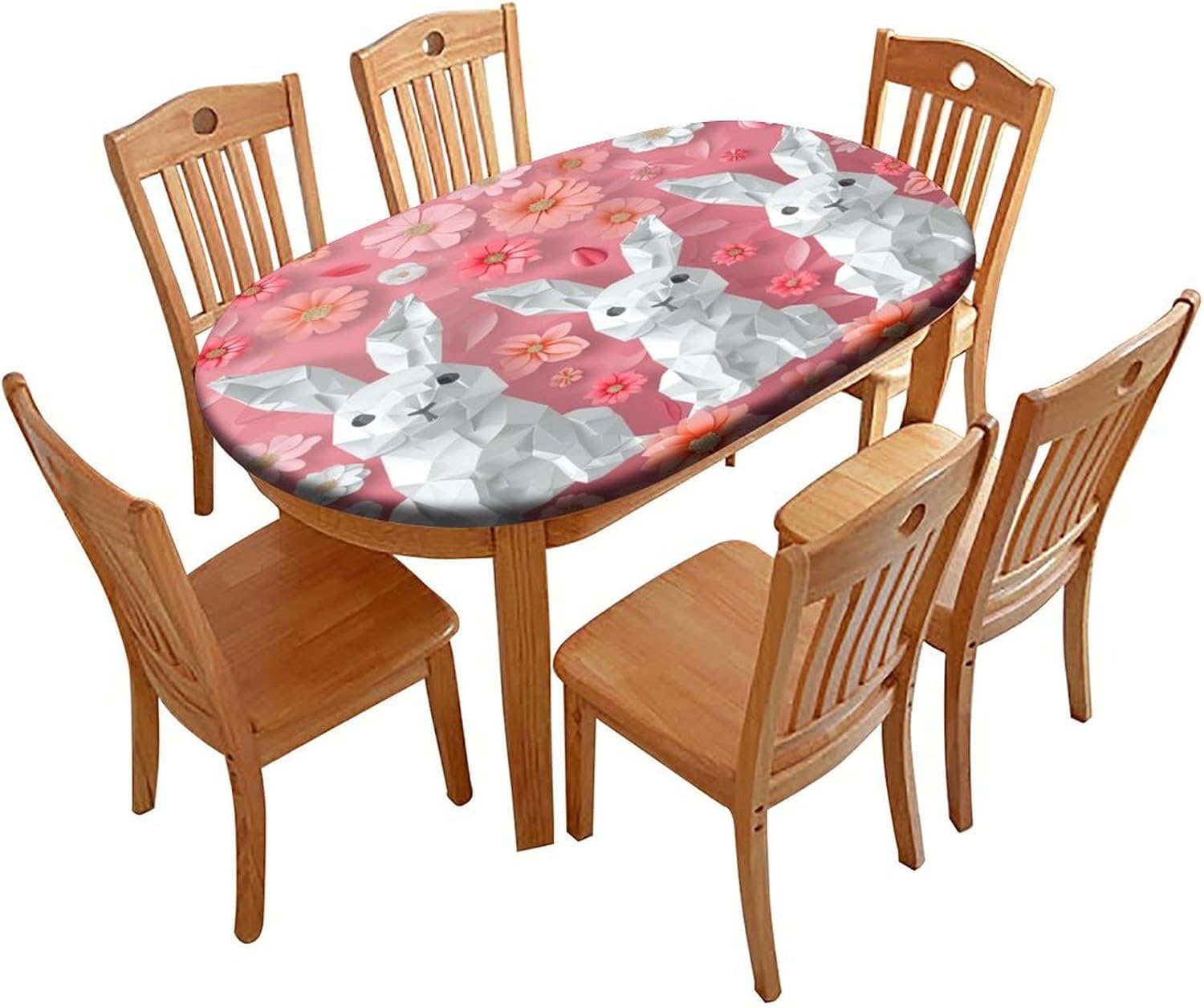 Rabbit and FlowerPink Print Oval Table Cloths Waterproof & Stain Resistant Elastic Large Oval Tablecloth Oval Table Cover for Dining/Party/Buffet/Wedding Fits for 52 x 70 Oval Table