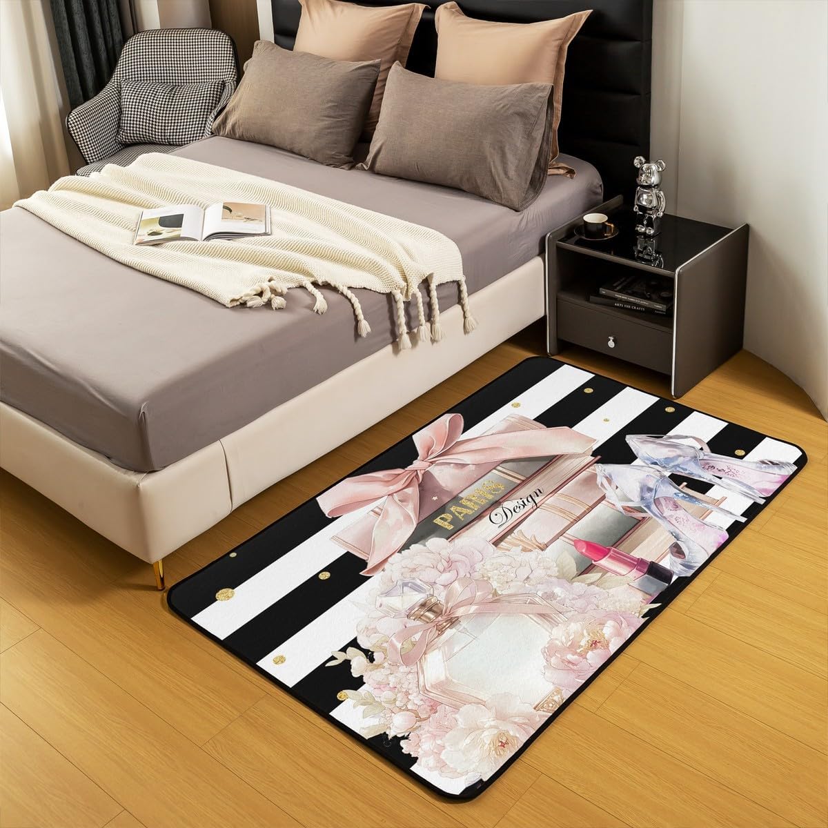 jejeloiu Pink Fashion Area Rug 3x5 Kids Black White Striped Living Room Rugs for Bedroom for Boys Girls Teens Floral Decorative Carpet Non-Slip Perfume High Heels Books Indoor Floor Mat