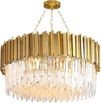 Gold Crystal Chandelier,Golden Stainless Steel Ceiling Light,Led Adjustable Light Color Luxury Pendant Lights,Round Chandelier for Villa Hotel Living Room Dining Room(Color:Gold,Size:60CM) [Energy Class A+++]