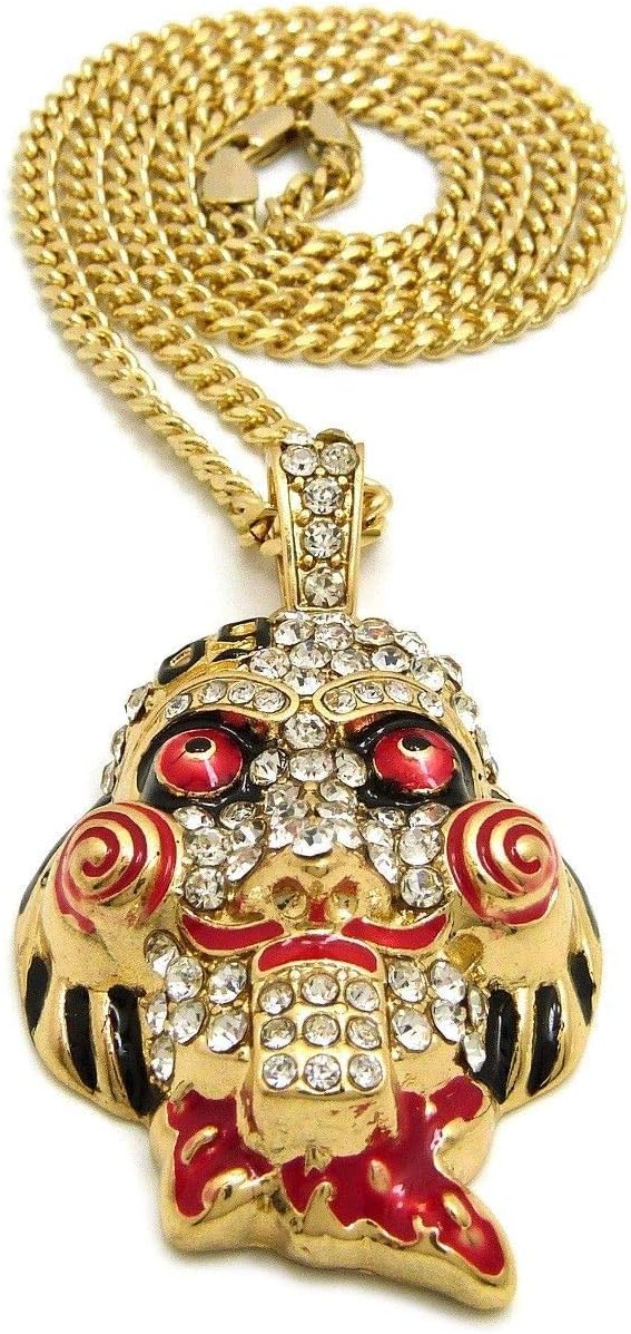 Hip Hop Gold Plated Iced Bling Lab Diamonds Watch & Jigsaw Pendant Necklace Set
