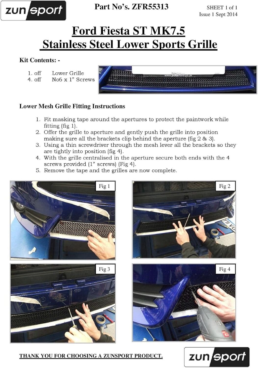 Zunsport Compatible With Ford Fiesta ST Mk 7.5 - Lower Grill - Black finish (2013 to 2017)