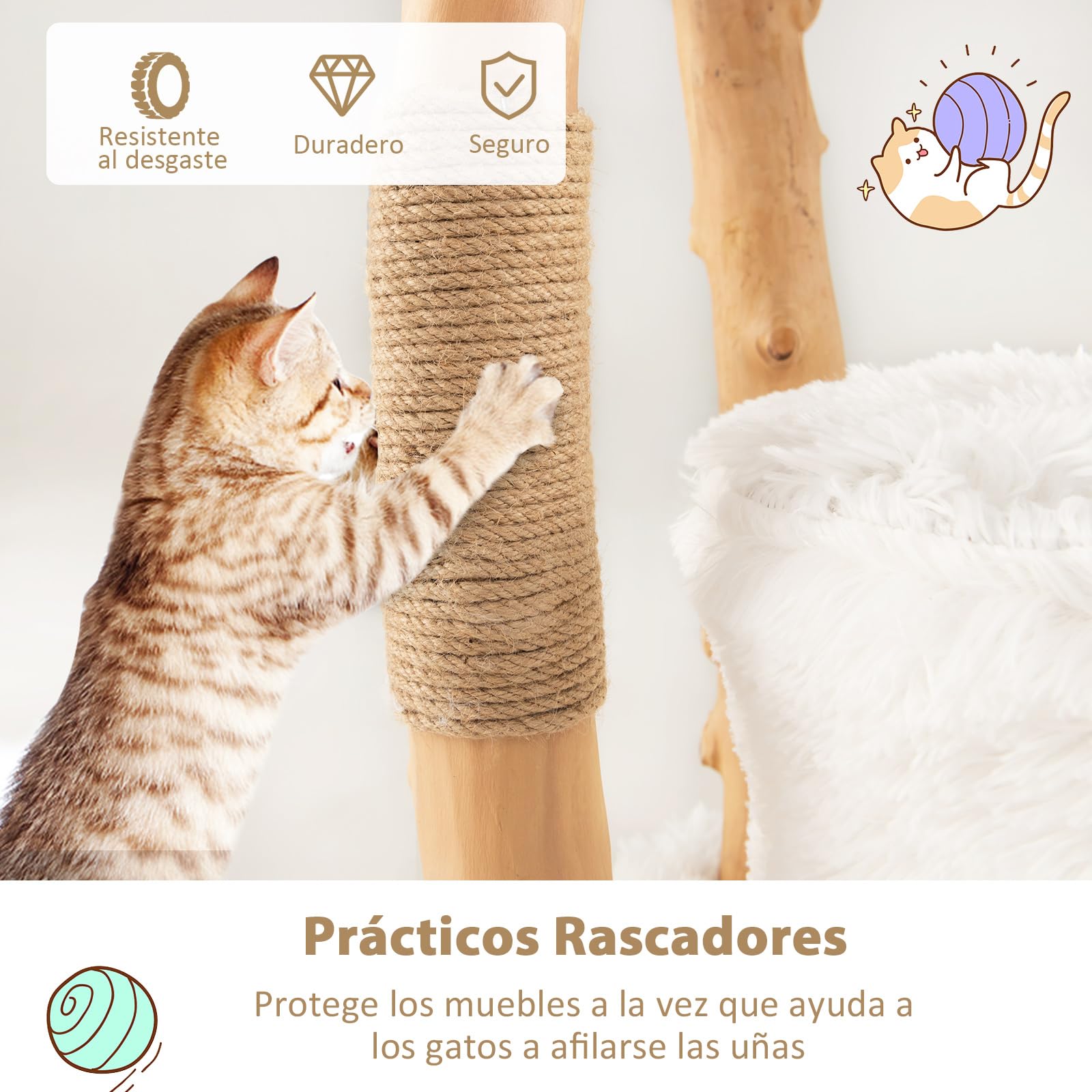 COSTWAY 124cm Árbol Rascador para Gatos de Madera Maciza, Torre Rascador para Gatos con Postes de Sisal, Condominio, Plataformas, Centro de Actividades de Múltiples Niveles para Gatos, Blanco (124cm)
