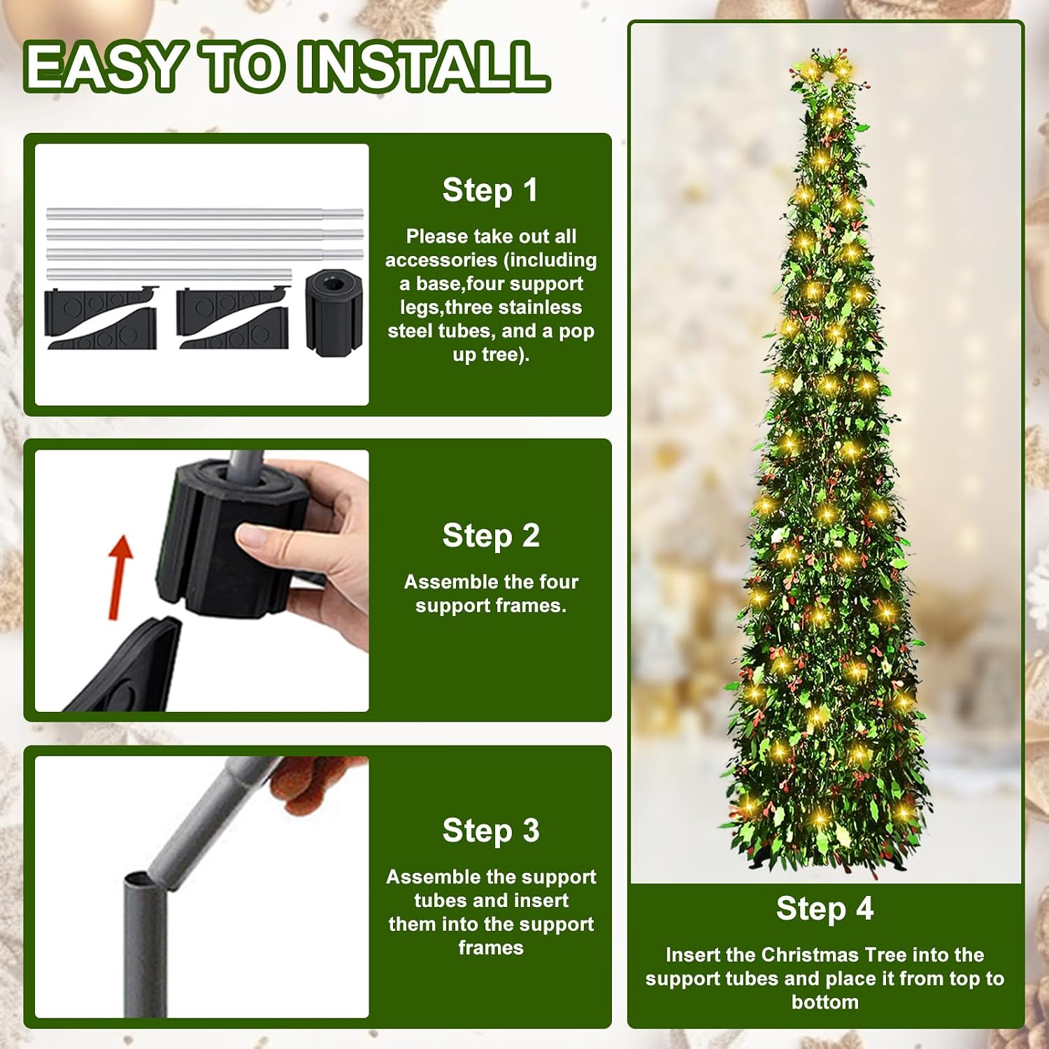 5 Ft Pop Up Christmas Tree with 50 Lights,Artificial Collapsible Pencil Christmas Trees with Tree Topper,Pre-lit Xmas Tree Tinsel Christmas Tree for Indoor Outdoor Christmas Decorations (Green)