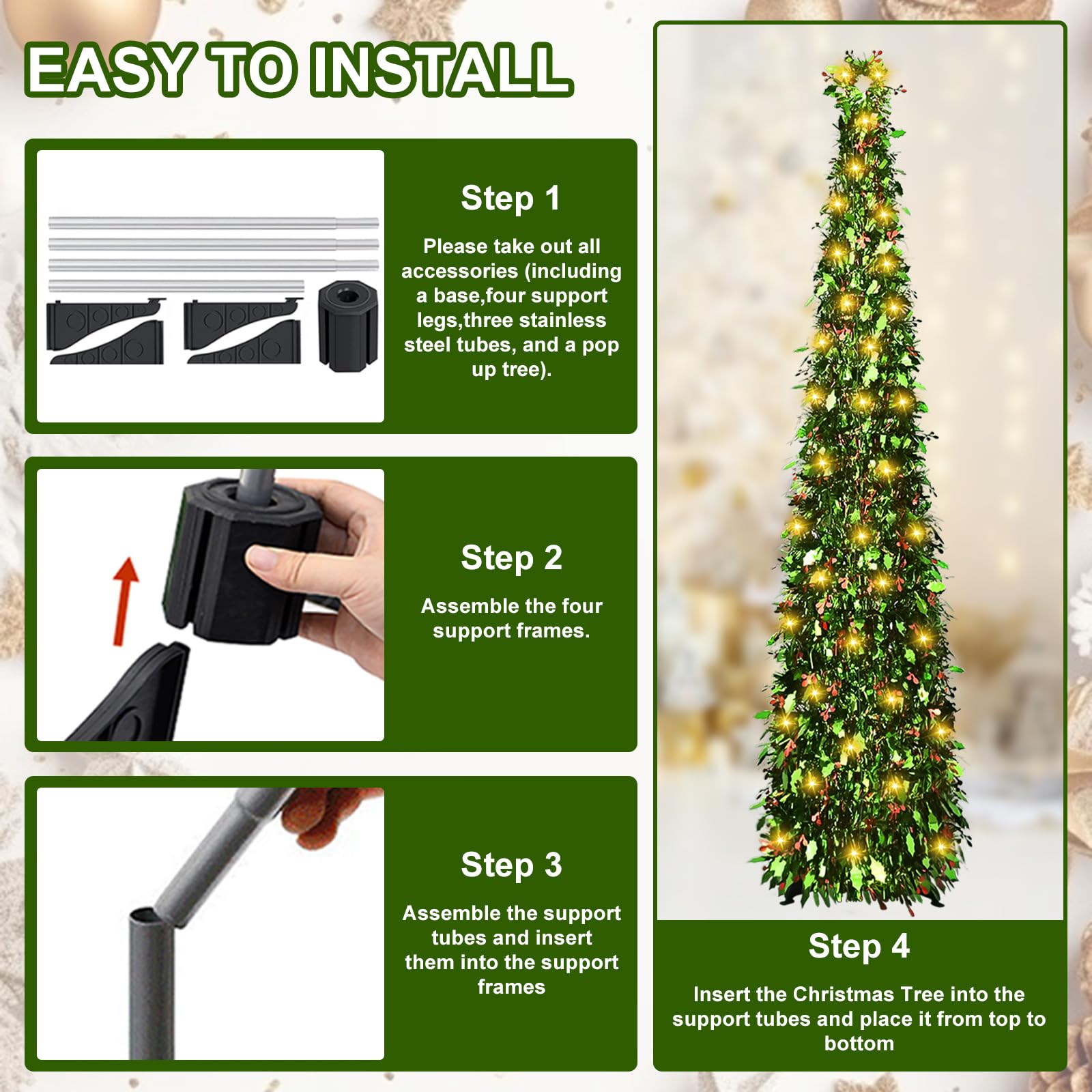 Árbol de Navidad Artificial y Plegable de 150 Cm, Arbol de Navidad Plegable con Una Guirnalda de Luces Cálidas de 5 Metros de Largo, Christmas Tree Verde, Navidad Decoración (E)