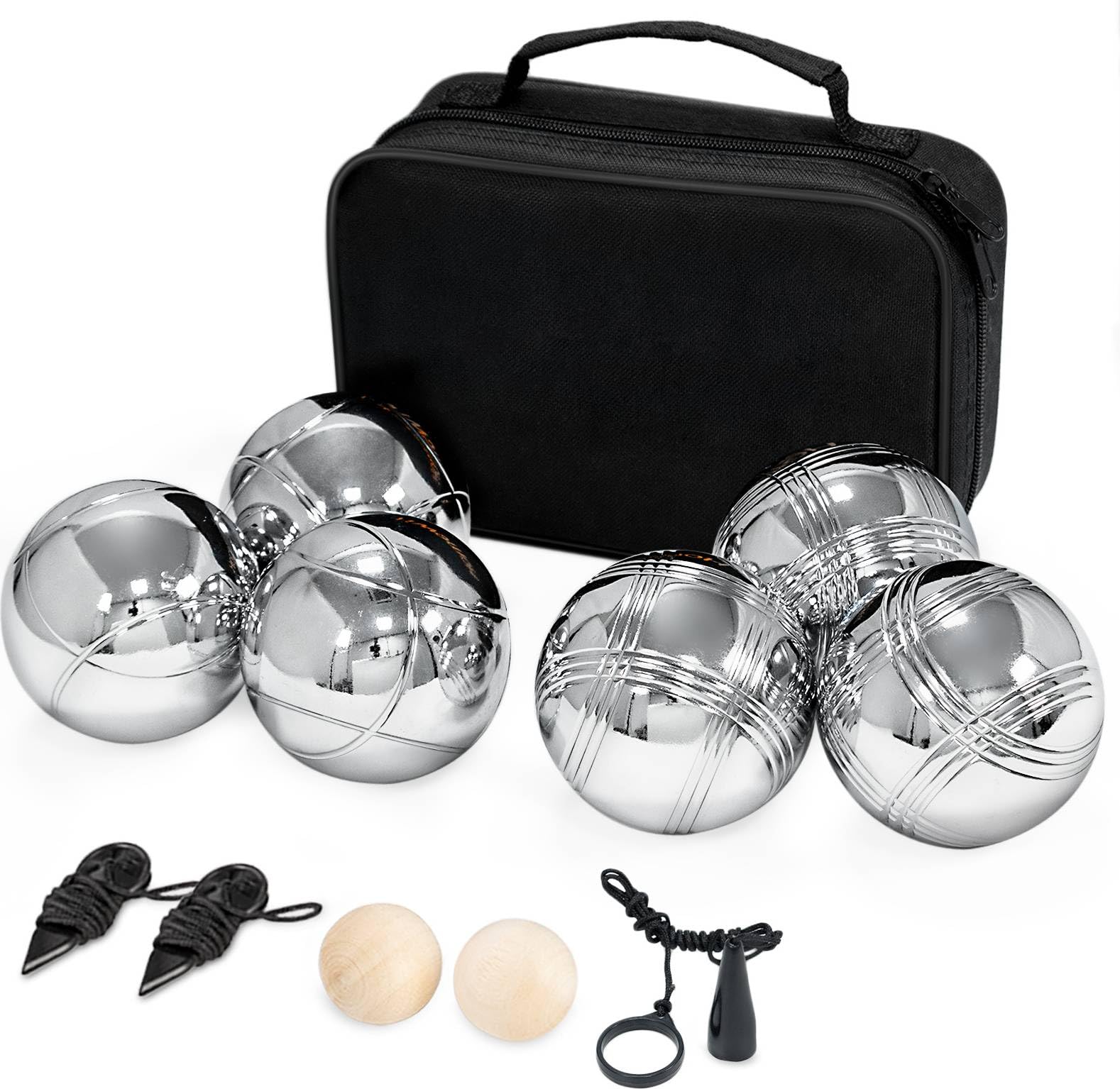 Boule Set, 6 Boccia Kugeln Metallkugeln Ø73mm, Boccia Spiel mit Tragetasche, 2 Zielkugeln, 2 Entfernungsmesser, 1 Magnet, Petanque fur Garten Camping Strand, Boccia Set für Outdoor Sport Spiel