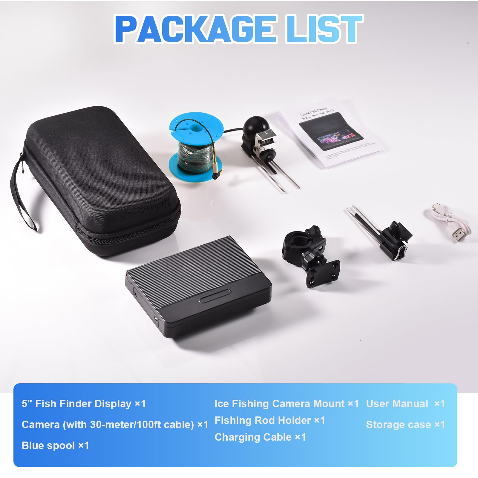 Buscador de peces IPS de 5 pulgadas para barco con 6000 mAh, cámara de pesca subacuática 1080 HD, gran angular de 220°, impermeable IP68, cámara de pesca en hielo de 30 m con 8 LED IR de alto brillo