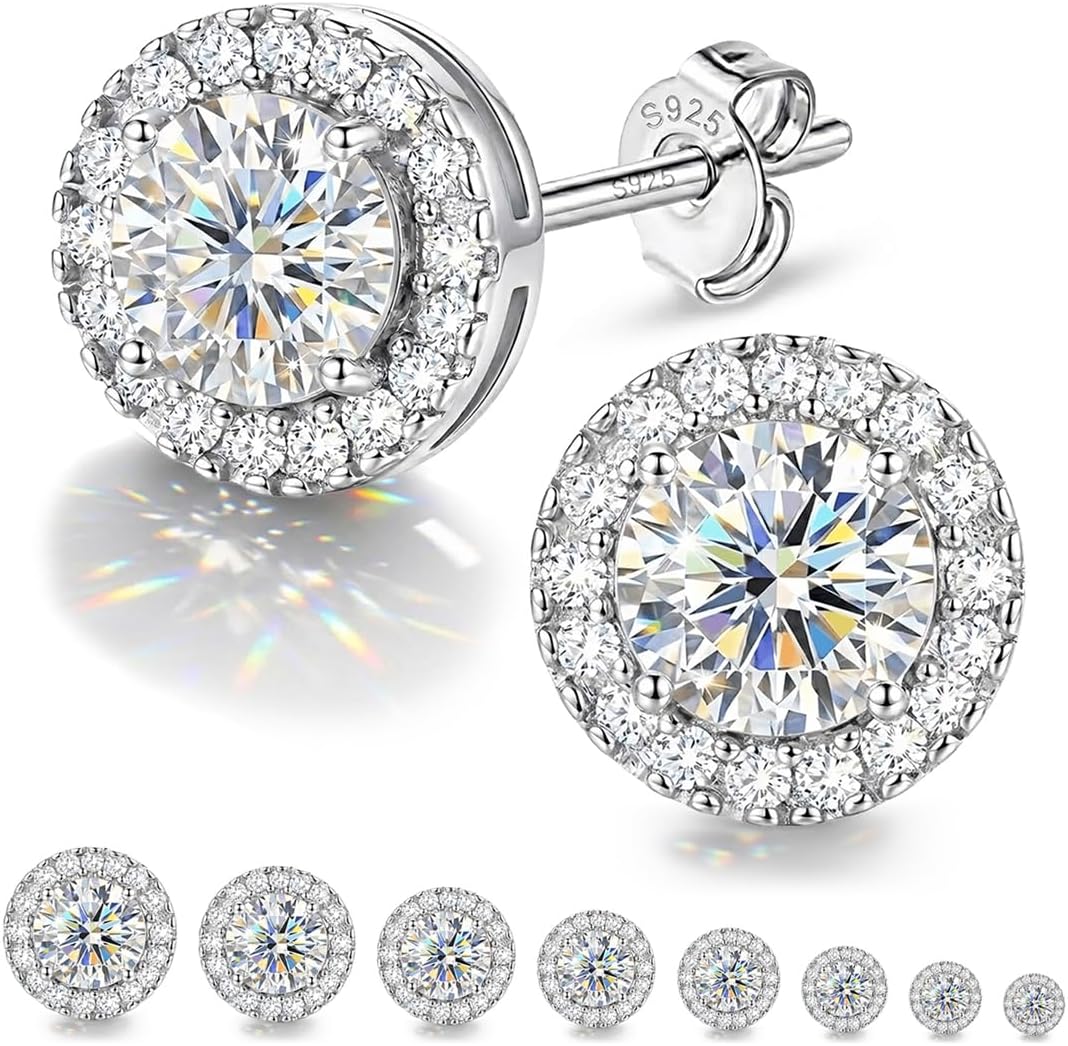 TenKa Stud Earrings for Women Men, 14K Gold Plated 925 Sterling Silver Earrings, Small Round Halo Cubic Zirconia Simulated Fake Diamond Hypoallergenic Studs