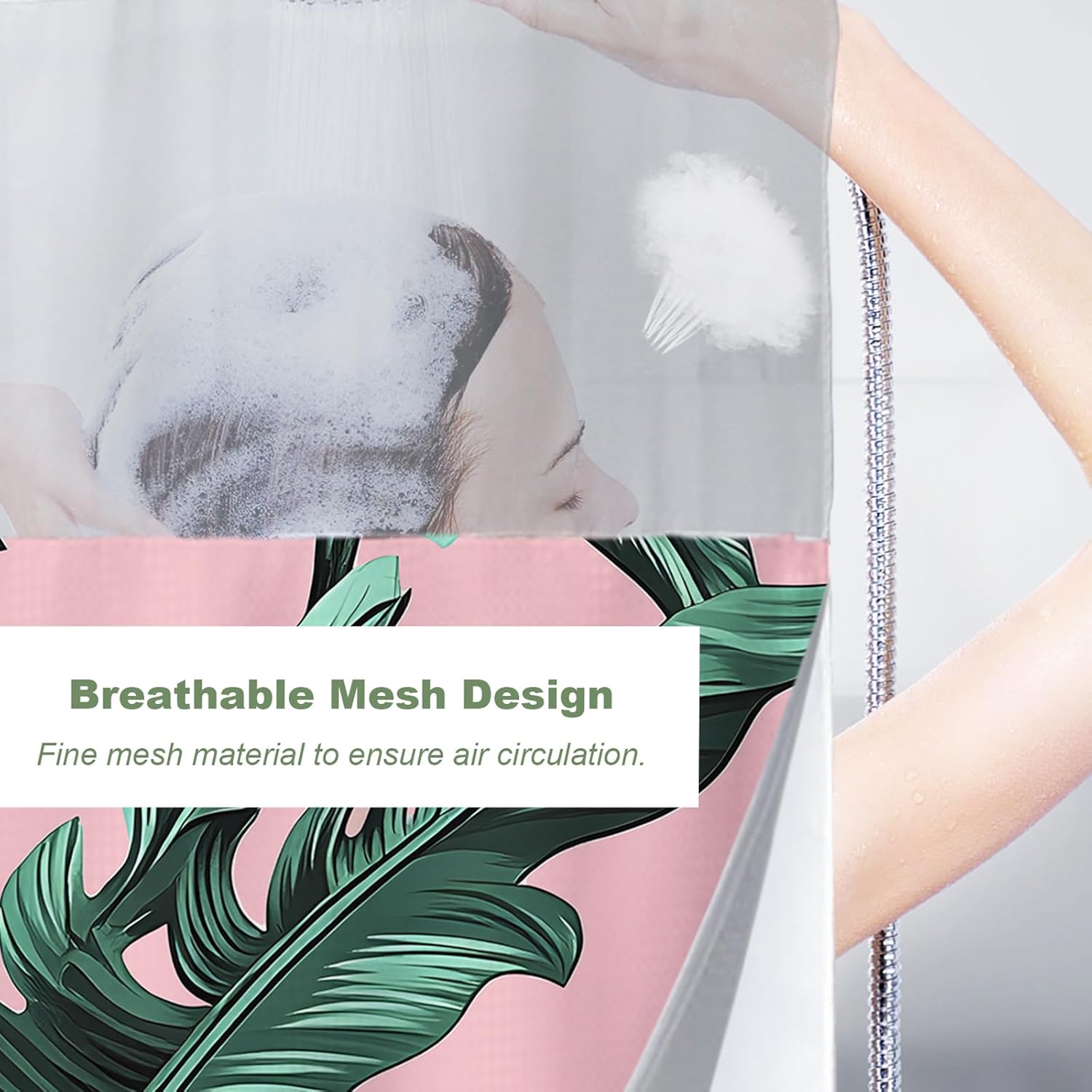 Banana Leaf Palm Theme No Hook Shower Curtain with Snap in Liner, Waffle Fabric Hotel Shower Curtains and Liner Set Washable, Bathroom Decor Double Layer Waterproof with Mesh Window 72Wx74H