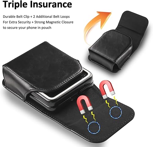 Miniatura 4 de Funda para Samsung Galaxy Z Flip 765, funda de cuero de alta calidad con clip para cinturón para Motorola Razr Plus, Moto Razr - Negro