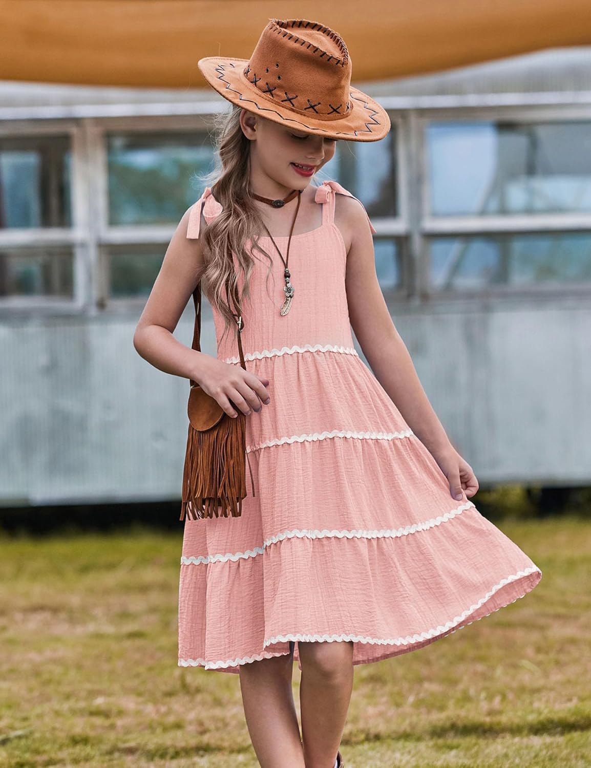 Arshiner Girls Summer Sleeveless Bow-Tie Straps Sundress Flowy Smocked Backless Tiered Lace Swing Midi Dress with Pockets - Image 2