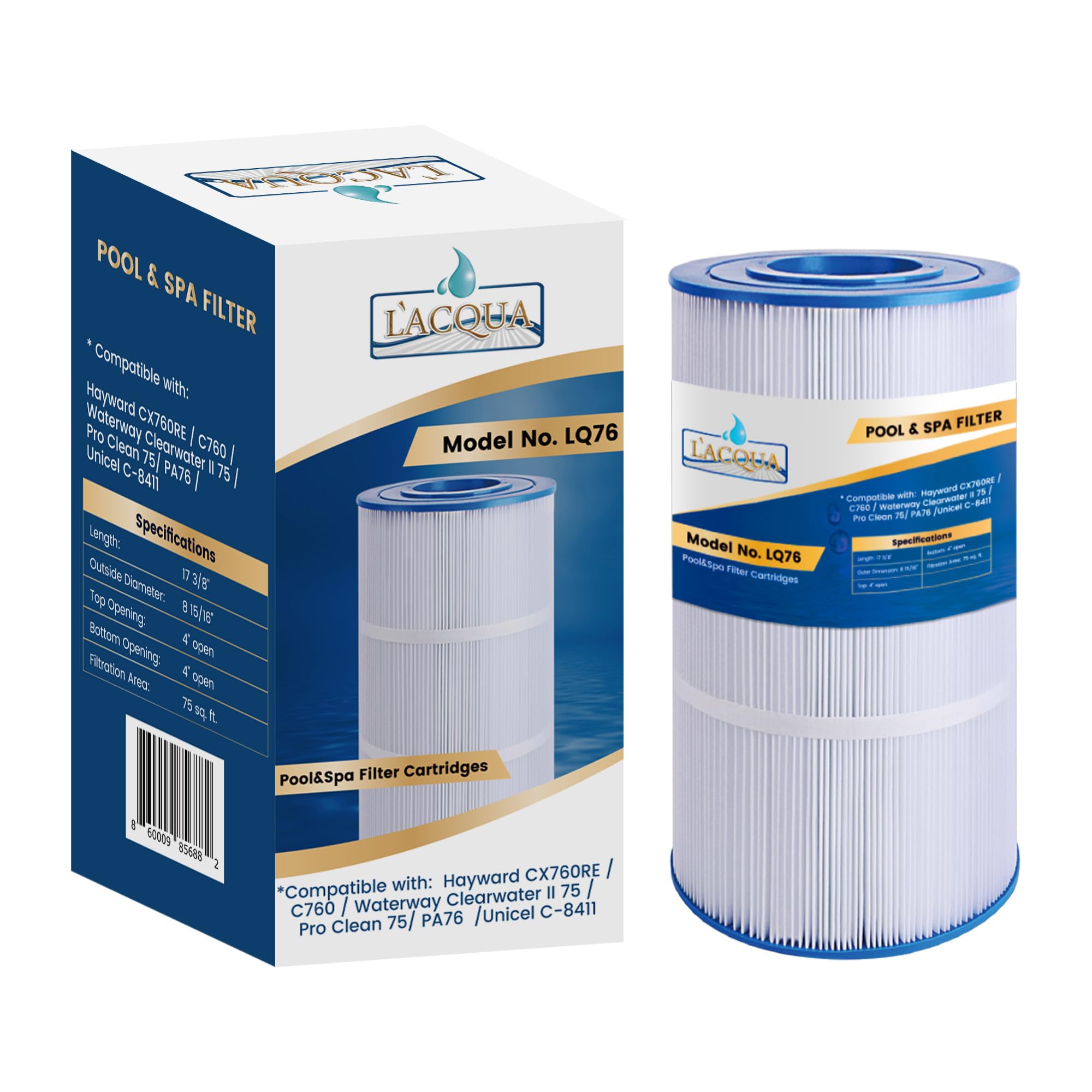 LACQUA FILTER REPLACEMENT LQ76 75 SqF for Hayward CX760RE, C760, Waterway Clearwater II 75/ Pro Clean 75/ PA76, Unicel C-8411, Filbur FC-1256, Sta Rite Posi Clear PXC75