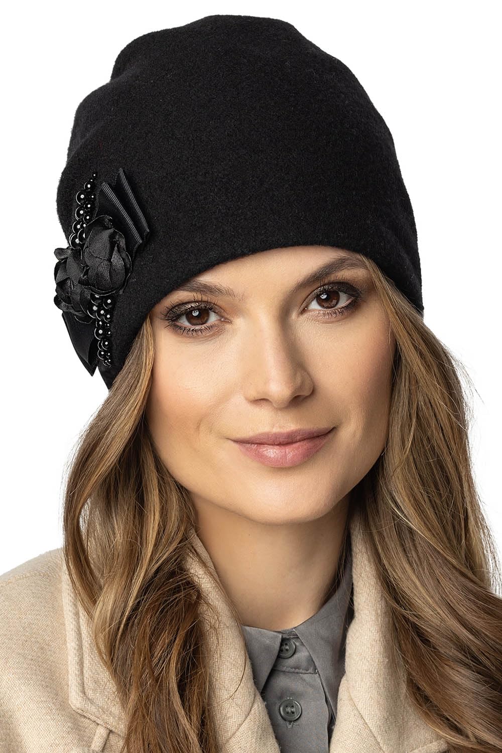 Vivisence Cappello Donna Elegante Fatto A Mano in Alpaca di con Piega Decorativa E Fodera in Pile Applicazione di Rose in Raso E Perle Antistatico Perfetto per l'inverno Idea Regalo