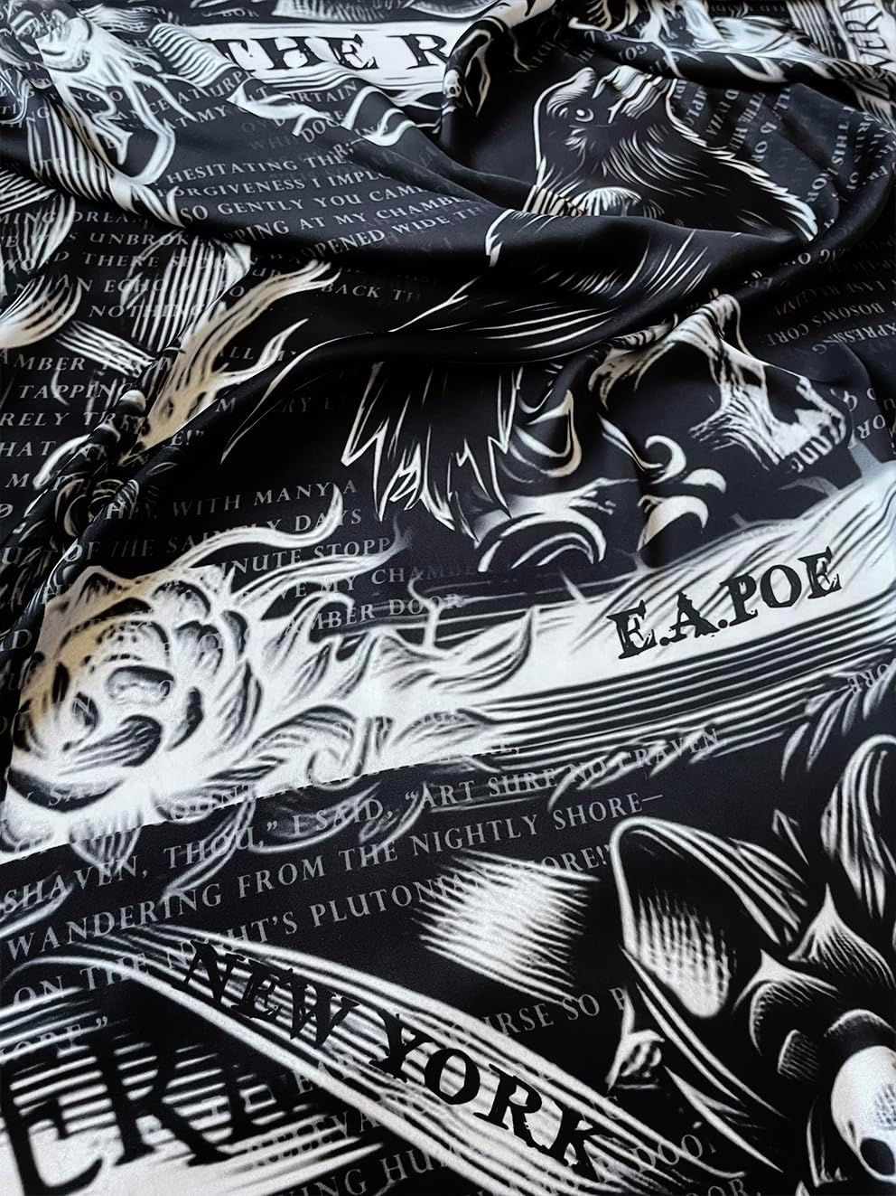 Universal Zone Raven by Edgar Allan Poe Square Satin Scarf - Black Goth Gothic Shawl with Nevermore Pattern