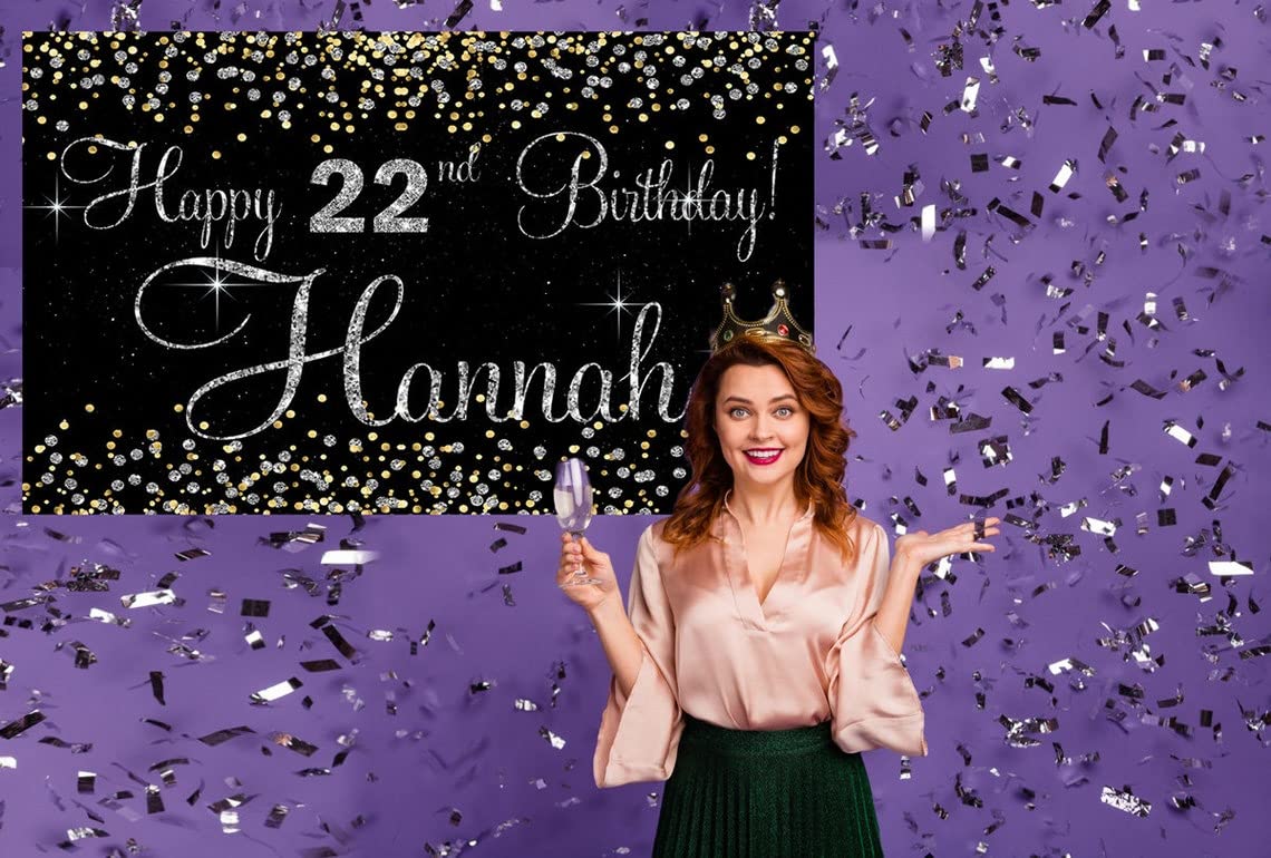 Happy Birthday Backdrop Background Banner Any Name, Any Age Black and Silver Sign Poster Large Fabric Glitter Cloth Curtain Party Decoration Supplies Man Woman Children Party