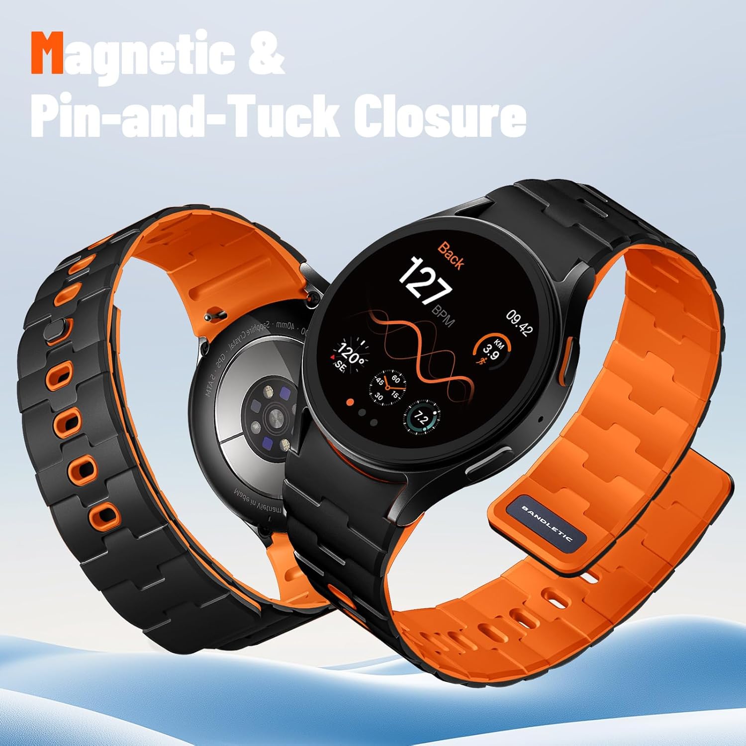 Bandletic Strong Magnetic Bands Compatible with Samsung Galaxy Watch 7/FE/6/5/4 Band 40mm 44mm/Galaxy Watch 5 Pro 45mm/Watch 6 4 Classic 42mm 46mm 43mm 47mm, 20mm Silicone Strap for Women,Black/Orange - Image 2