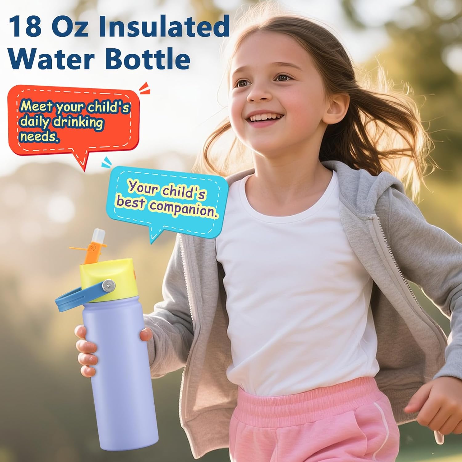 2 PACK 18 OZ Water Bottle for Kids, Stainless Steel Double Insulated Sports Water Bottle, Leak Proof Straw Cup for School, Gifts and Travel, BPA Free (Light Pink, Purple) - Image 7