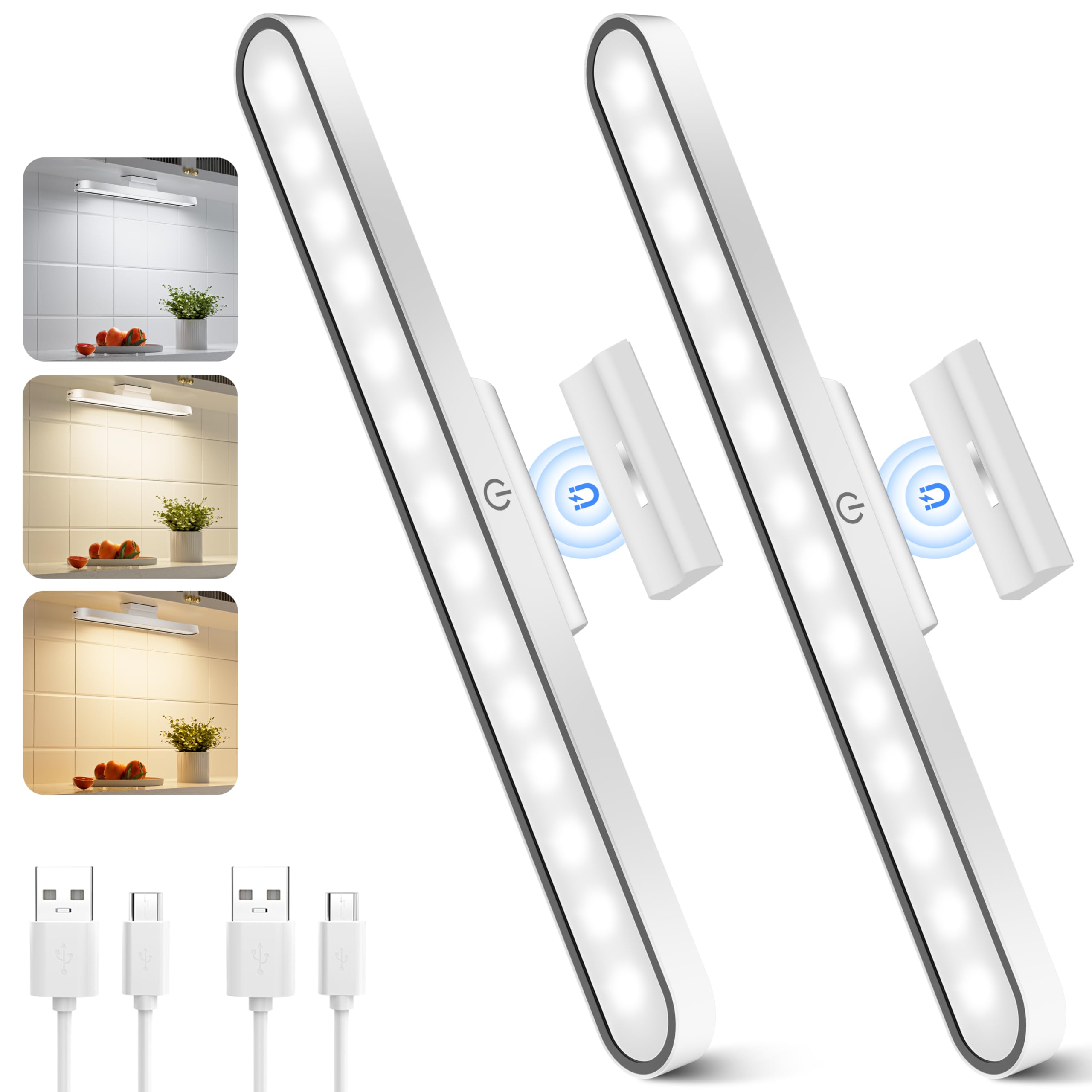 Realky White-2Pack 2 Pack Under Cabinet Kitchen Lights, 6000K Dimmable Wireless Under Cupboard Kitchen Lights, Usb-C 2500Mah Rechargeable Battery Operated Led Lights Indoor For Cupboard, Wardrobe, Stair And Mirror