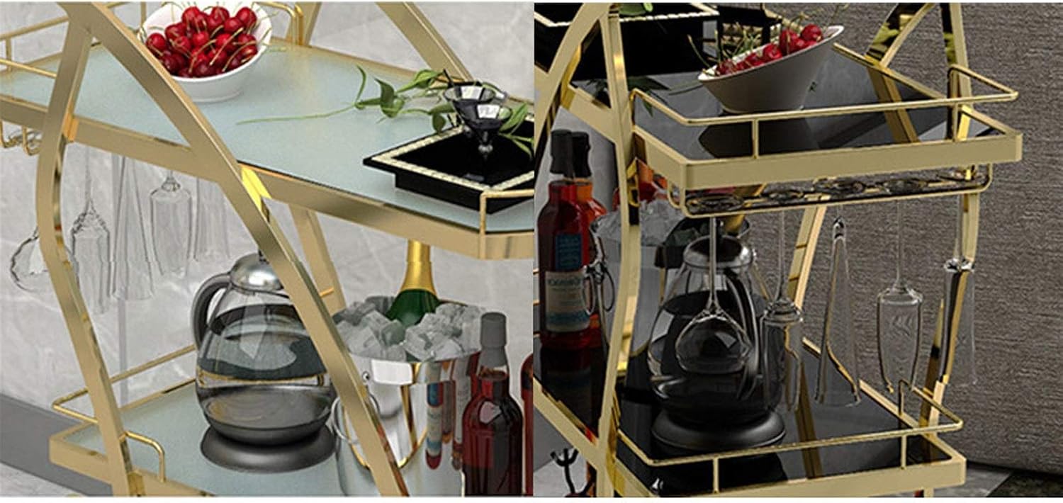 Metal Bar Wine Tea Serving Cart with Glass Suitable for Kitchen, Club, Living Room Home bar Serving carts Kitchen cart with Storage (Color : Champagne Gold 1) (18k Gold 1)