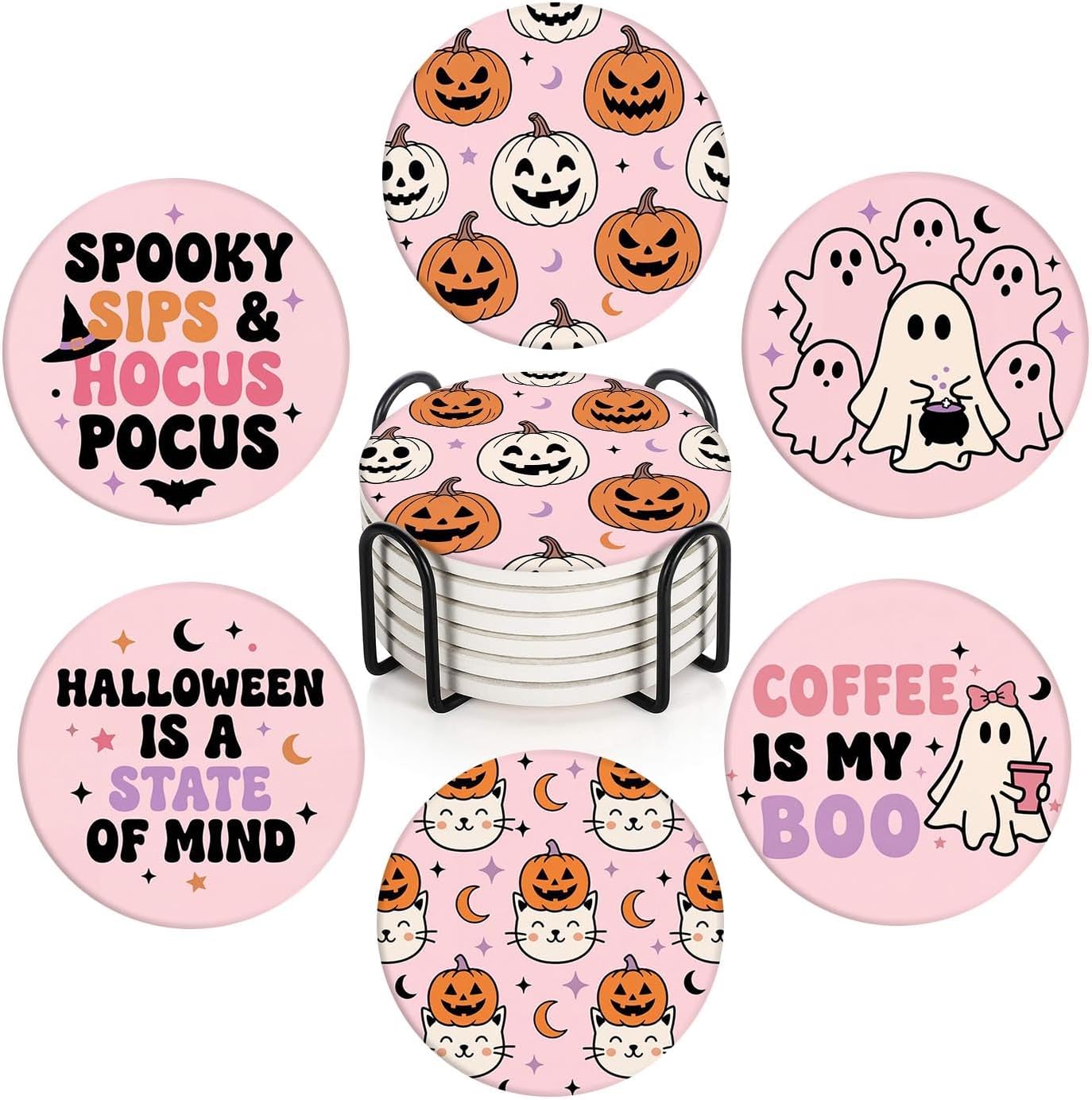 Halloween Coasters for Drinks, Set of 6, Ceramic Stone Cat Ghost