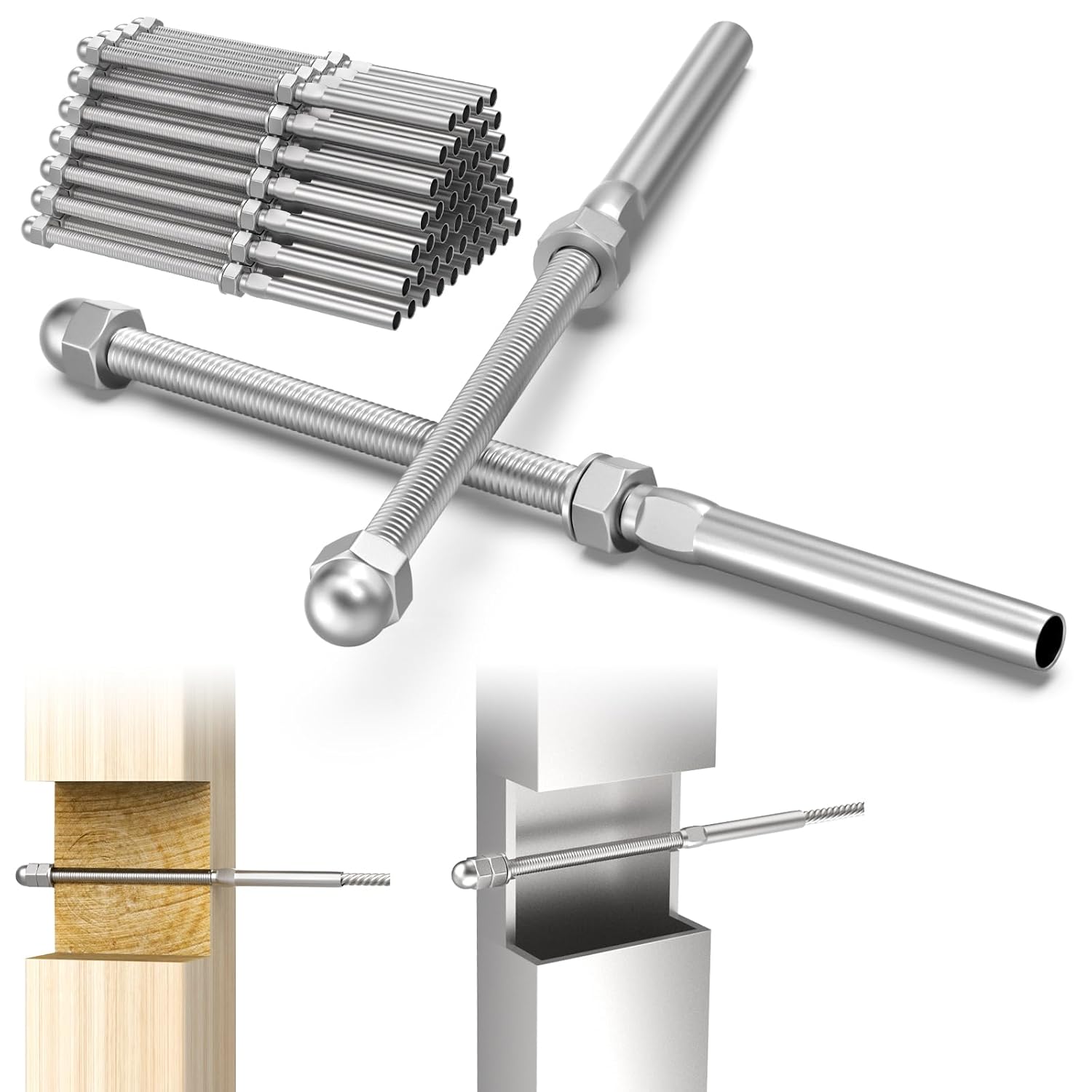 BLIKA 50 Pack 6" Long 3/16" Swage Threaded Stud Tension End Fitting Terminal for Deck Cable Railing T316 Stainless Steel, 3/16" Swage Threaded Terminal for 4x4, 2x2 Wood Metal Post