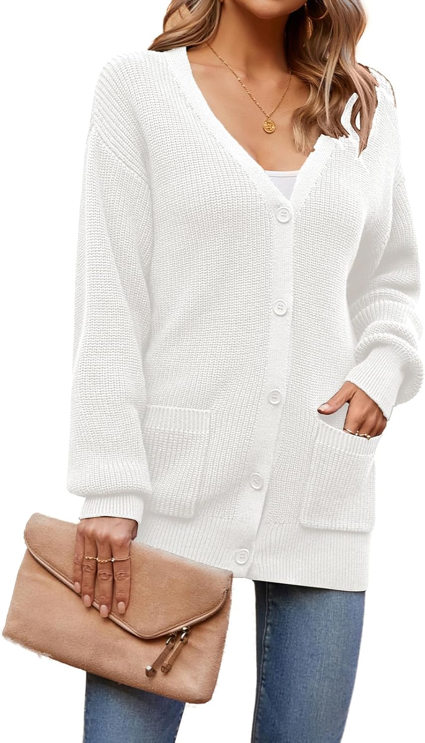 QUALFORT Women’s 100% Cotton Knit Cardigan Sweater – Oversized Fit, Button-Down Open Front, with Pockets