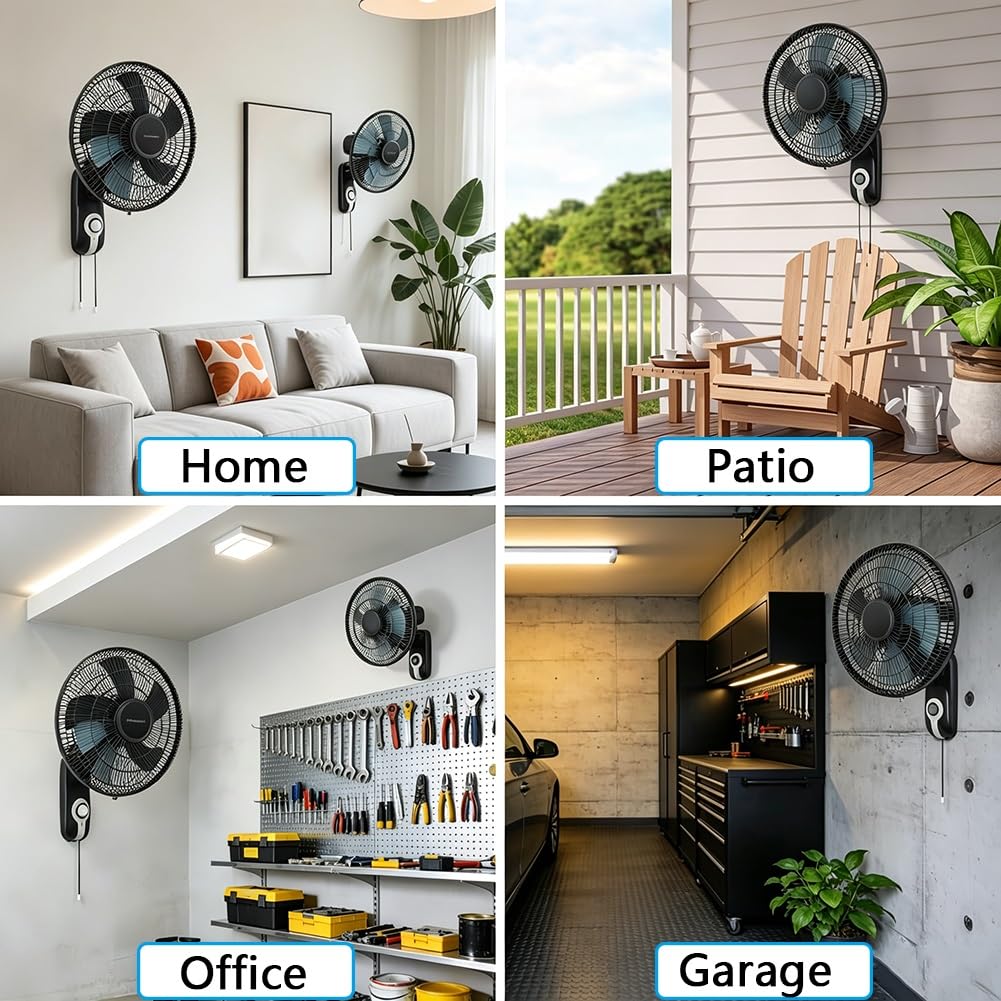 Genérico Ventilador de Pared Industrial Oscilante Interruptor por Cadena | 3 Velocidades, Oscilación de 90°, Cabezal Inclinable, 5 Aspas, Flujo de Aire Potente