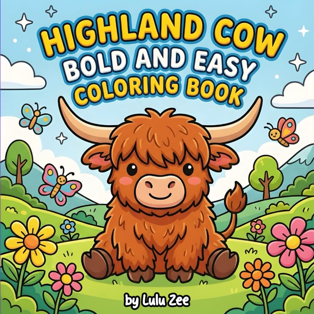 Highland Cow Bold And Easy Coloring Book: Stress Relief and Relaxation for Kids and Adults with Cute and Cozy Simple Designs