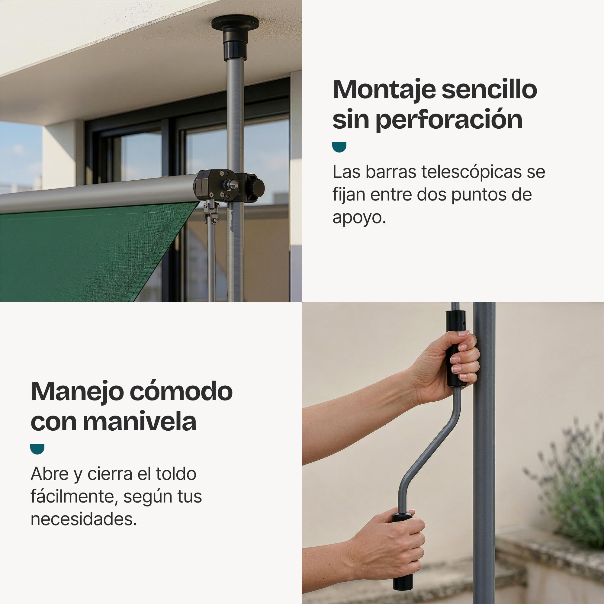 pro.tec Toldo Retráctil Stem Toldos Exterior Terraza Balcón Ajustable en Altura Manual Resistente Protector de Sol Sin Taladrar Acero/Poliéster 150 x 120 x 220-309 cm - Verde Oscuro