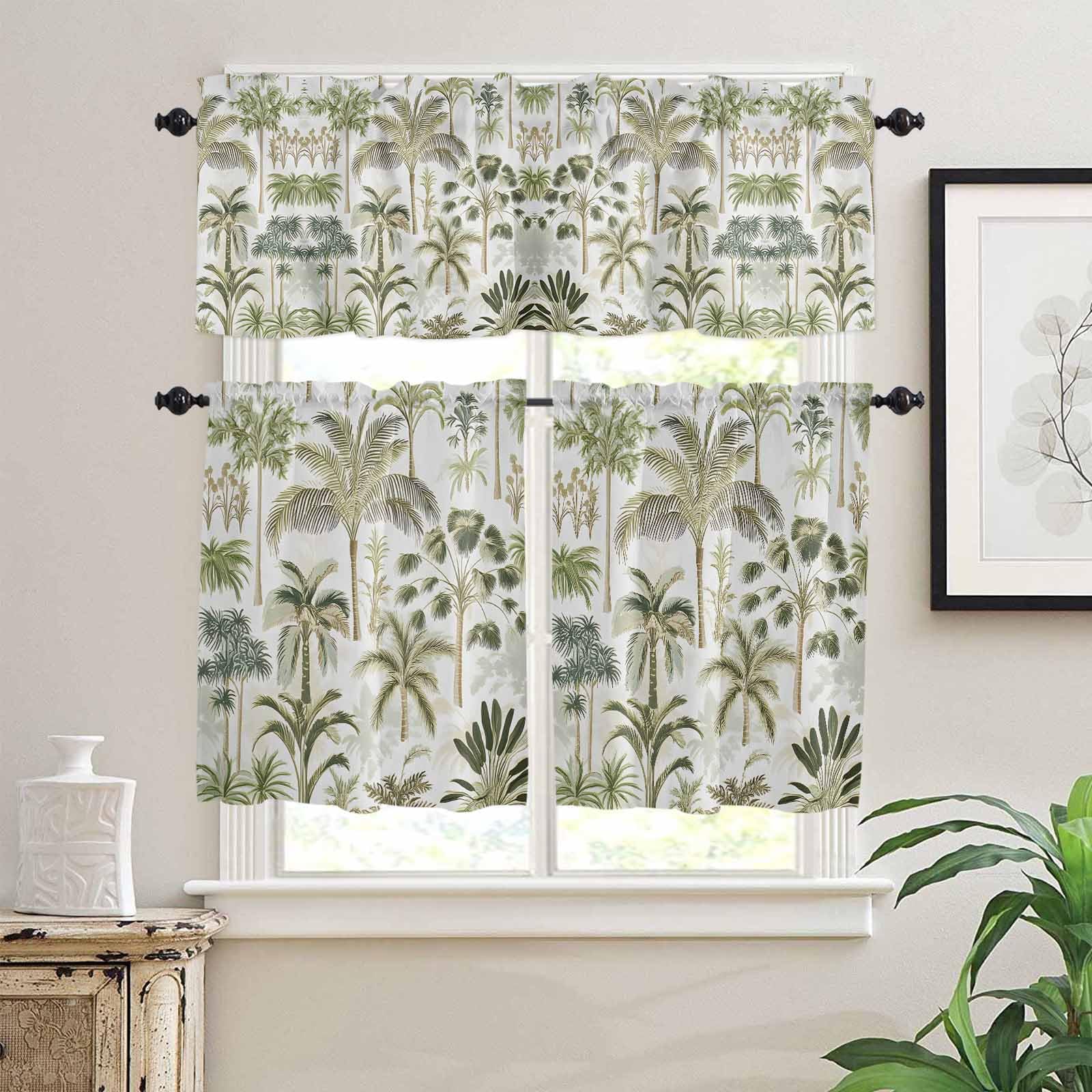 Green Palm Tree Tropical Kitchen Curtains 36 Inch Length, 3 Piece Rod Pocket Small Half Tiers and Valance Set, Beach Summer Botanical Small Large Window Treatment Decor for Bedroom/Bathroom Sink
