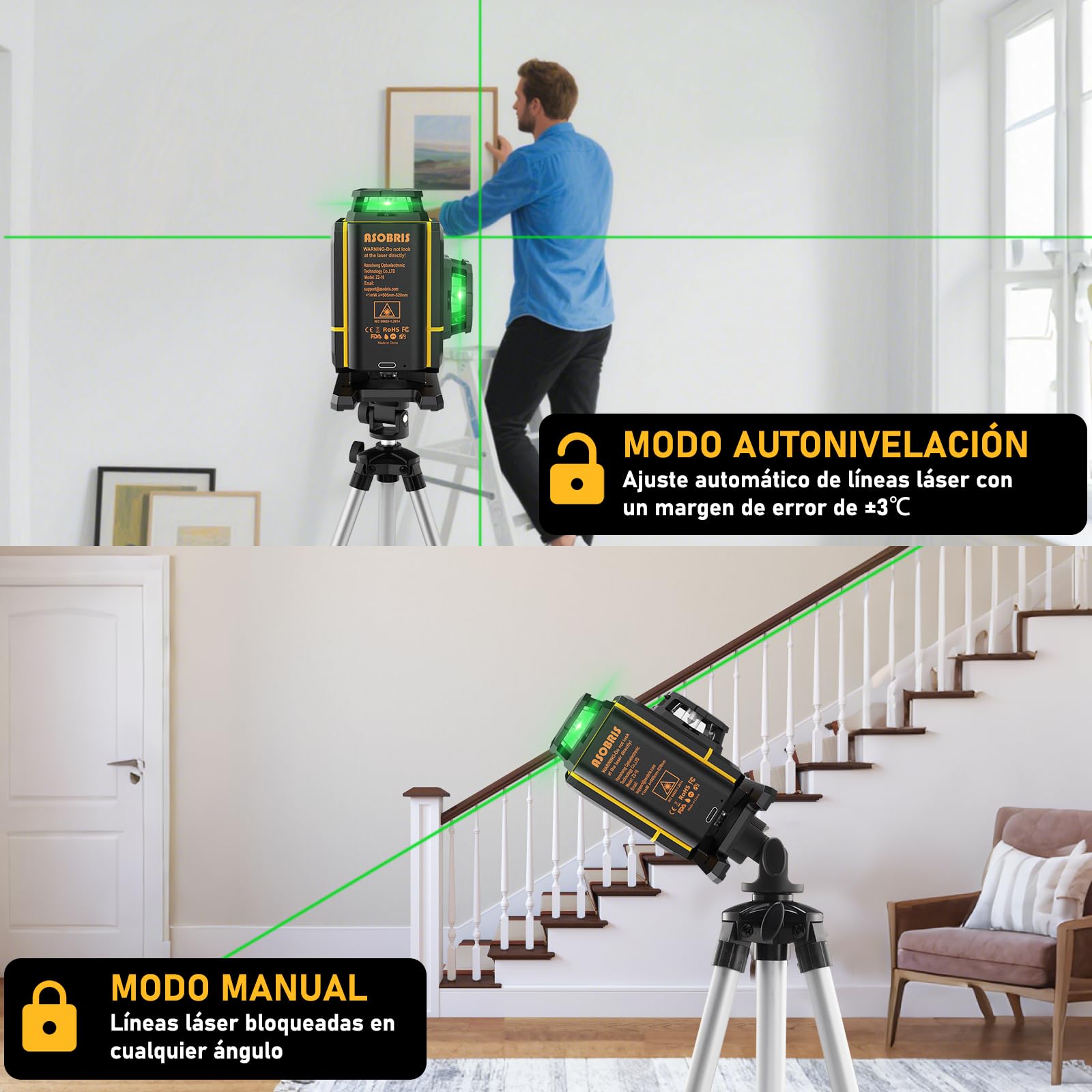 Nivel Laser Autonivelante 360 Grados Con Tripode,ASOBRIS Nivel Láser 4D Verde 16 Líneas,2 x 360 Horizontal y 2 x 360 Verticales,2 Batería Laser Level Para Construcción Exterior Función de Pulso (1)