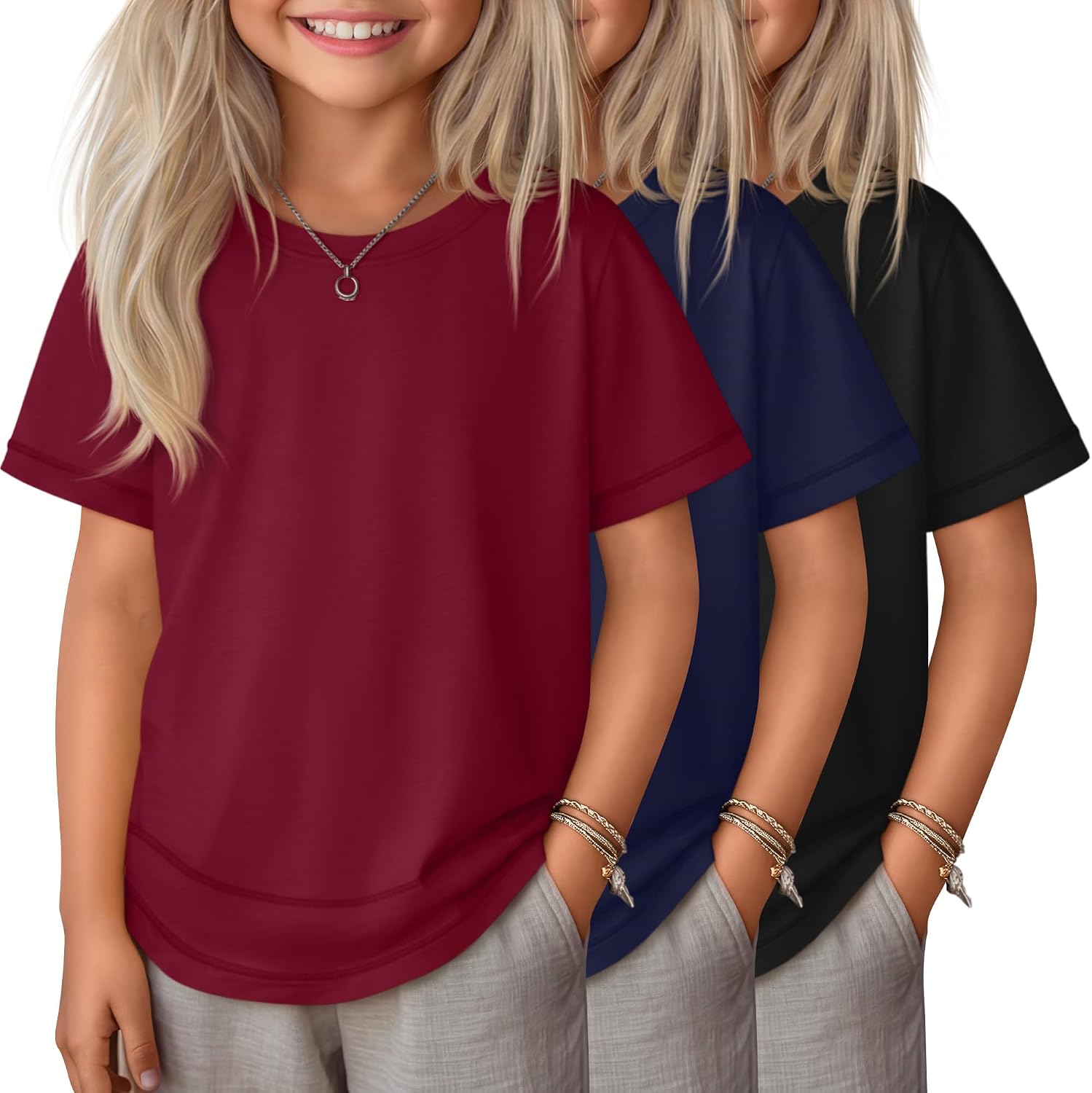 3 Pack Toddler Girls' Short Sleeve T Shirts Crew Neck Curved Hem Tunic Top for Baby Girls Loose Fit Summer Basic Tee