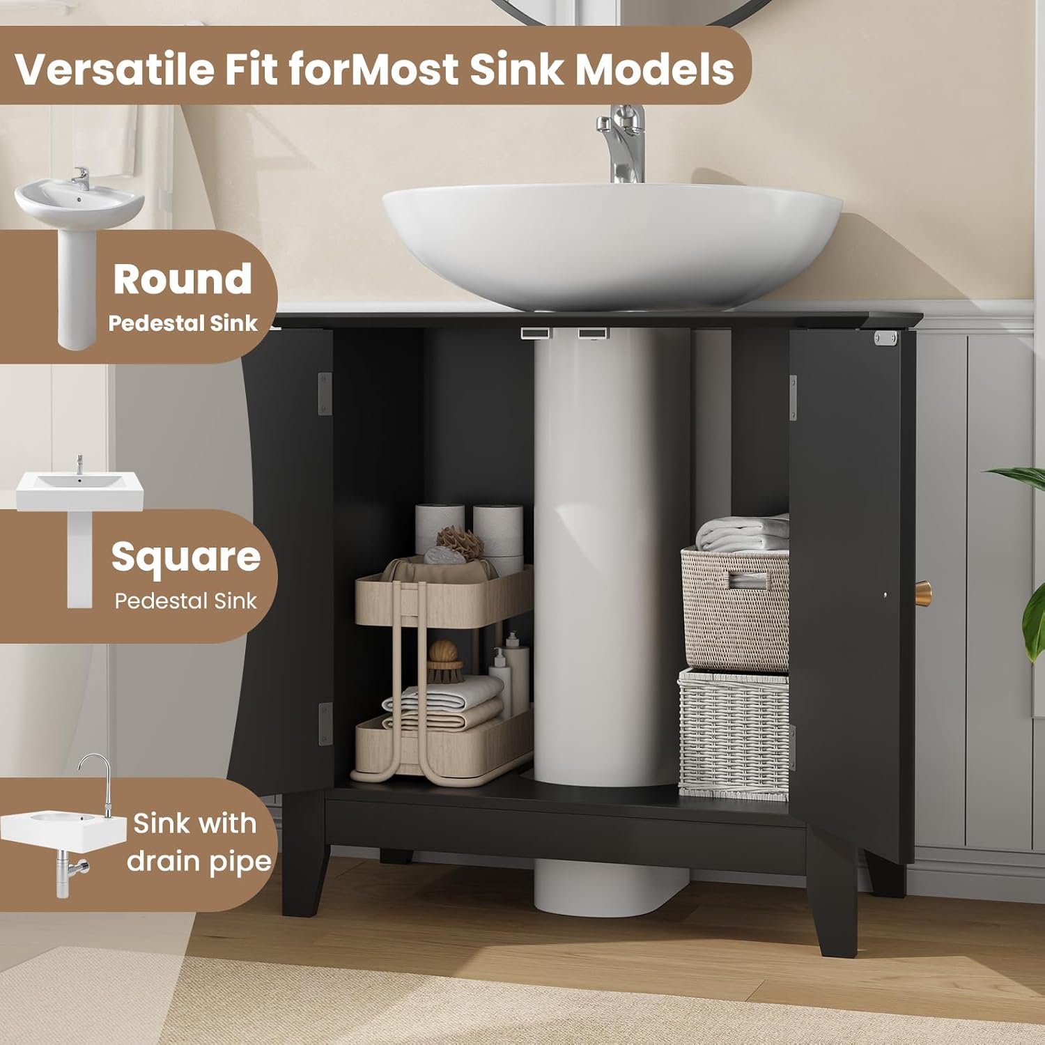 REDAYFUR Under Sink Bathroom Cabinet with U-Shape Cut-Out, 2 Doors Bathroom Vanity, Storage Organizer for Pedestal Sink, Black