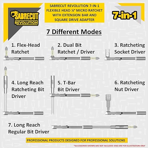Miniatura 4 de SabreCut 1 X MRSC07 7-en-1 Cabeza Flex 0.248 in 14 "HEX Mini Micro Trinquete Magnético con Barra de Extensión y Adaptador de Enchufe de 14" de Acero