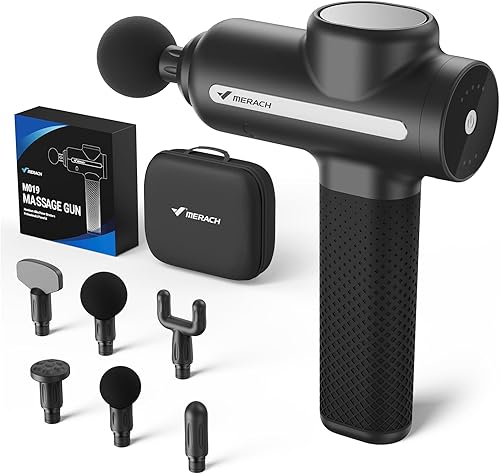MERACH Pistola Masajeadora de Tejidos Profundos, Herramientas de Masaje de Percusión con 6 Cabezales de Masaje, Masajeadores Musculares Portátiles