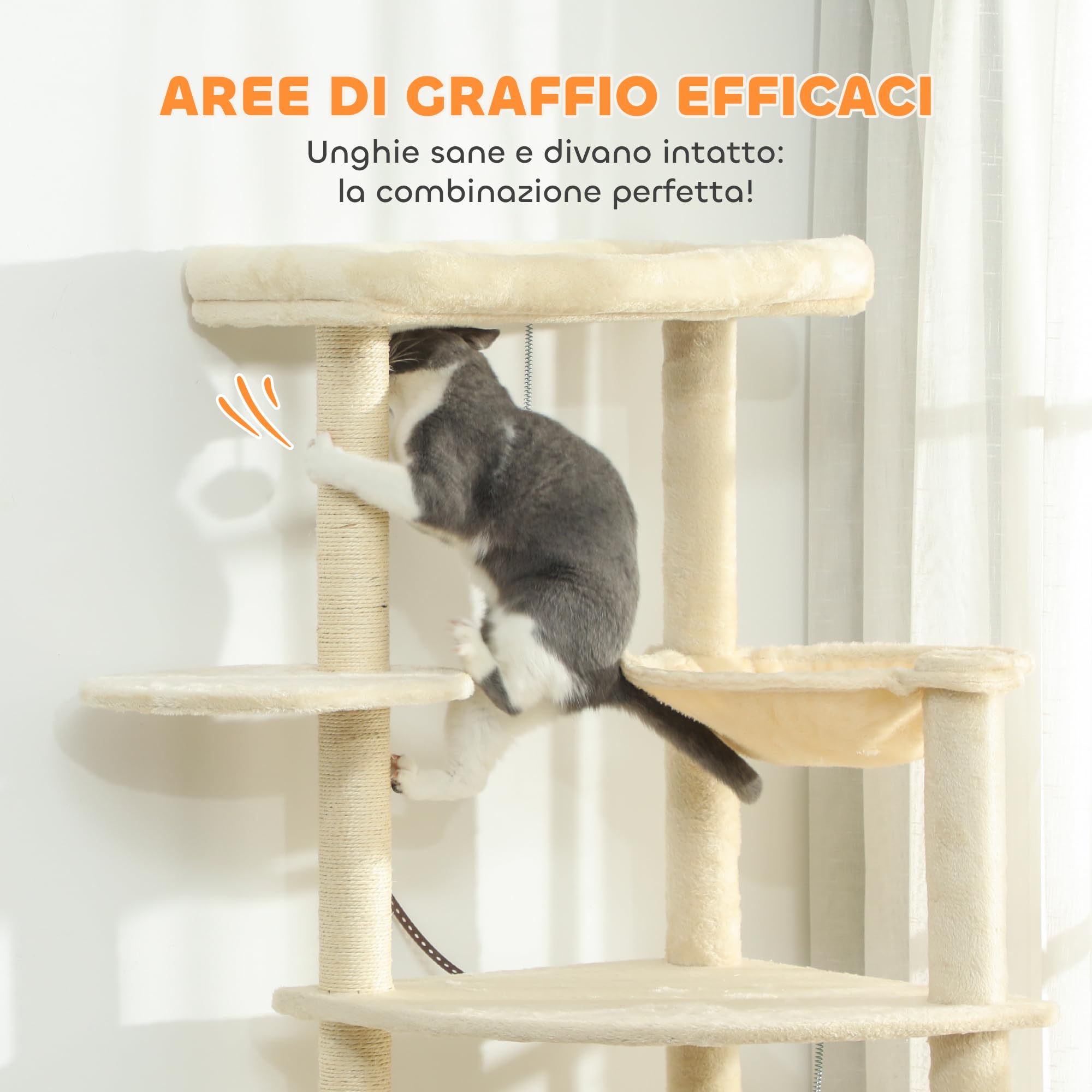 PawHut Tiragraffi per Gatti Alto 200 cm con 5 Pali Graffiatoi Sisal Beige | Albero per Gatti Adulti XXL Multilivello, 2 Grotte, 2 Cucce, Amaca, 2 Pompon, Piattaforme, Peluche, Torre per Gattini